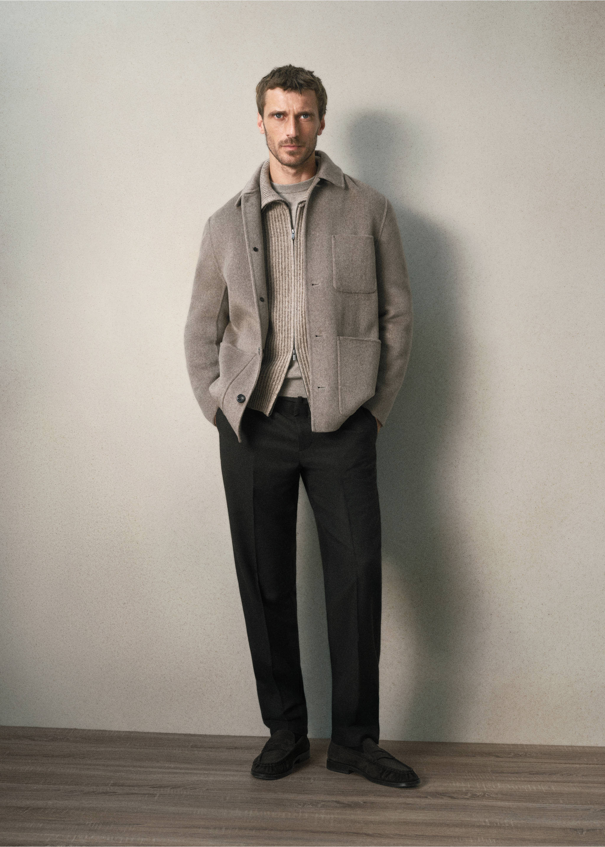 Wool-cashmere blend coat with pockets - General plane, Medium Brown. Ref: 37037898-00.