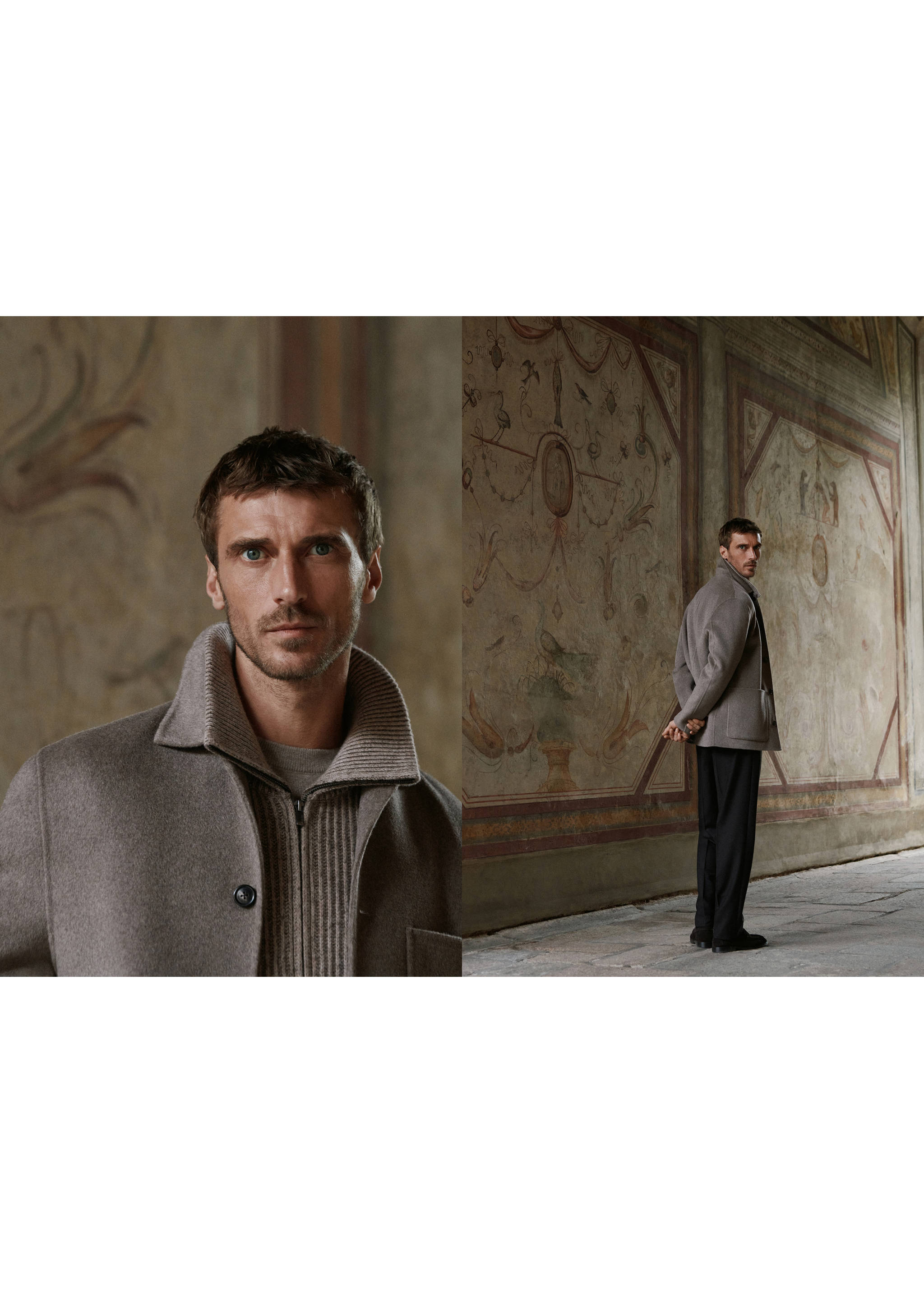 Panoramic view of a man wearing a grey coat and dark trousers., Medium Brown. Ref: 37037898-00.