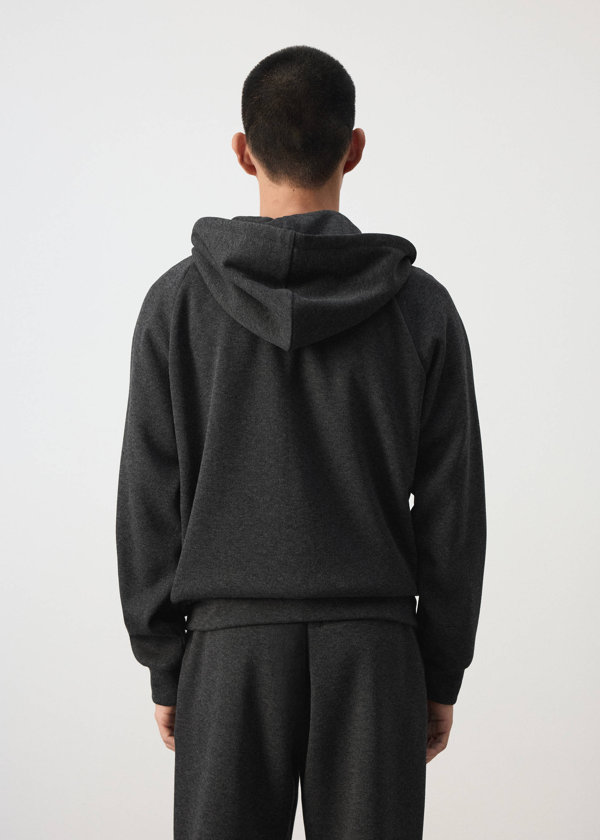 Dark grey hooded sweatshirt shown from the back, featuring a hood, long sleeves, and ribbed trims.