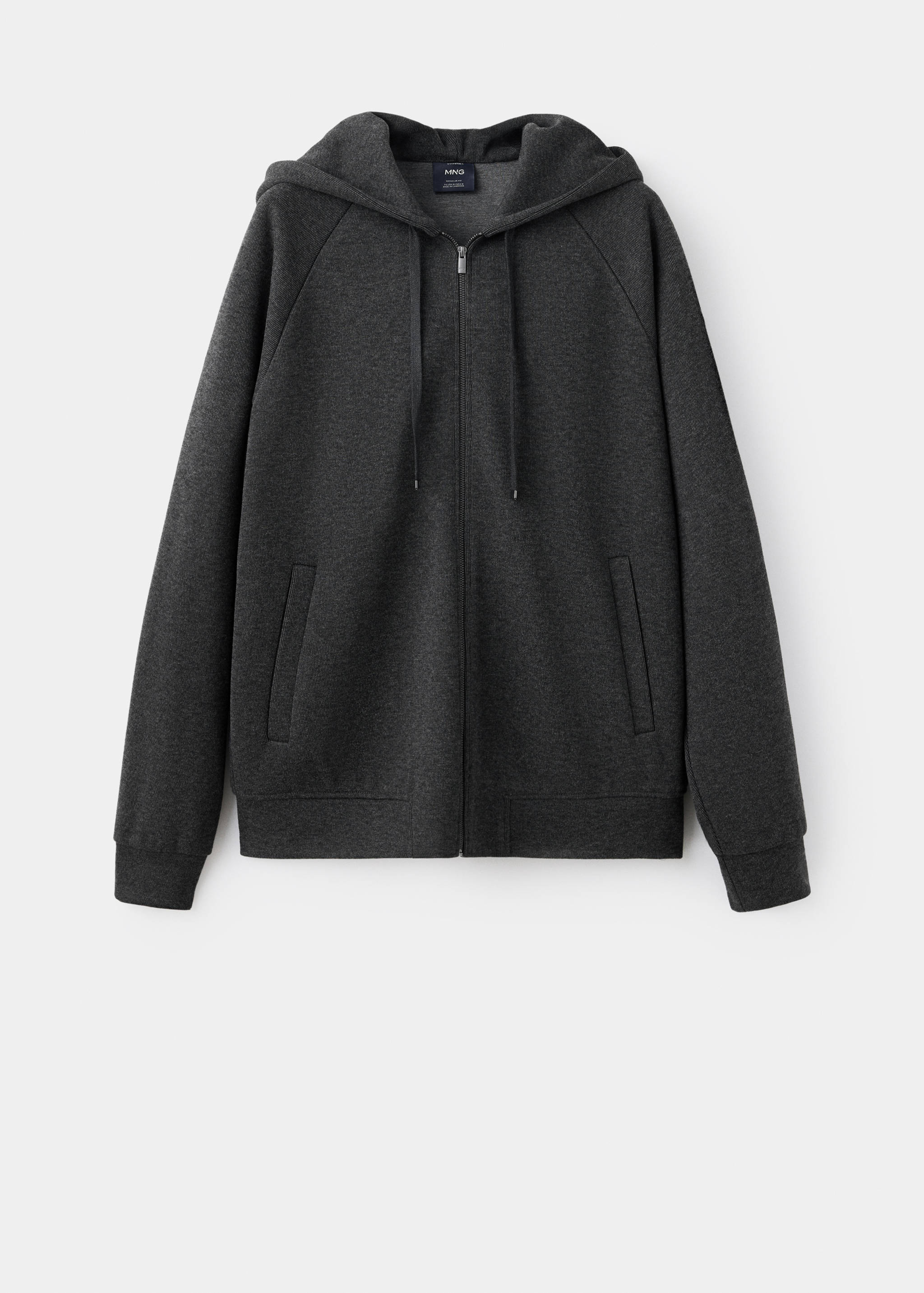 Dark grey marled zip-up hoodie with hood and pockets.