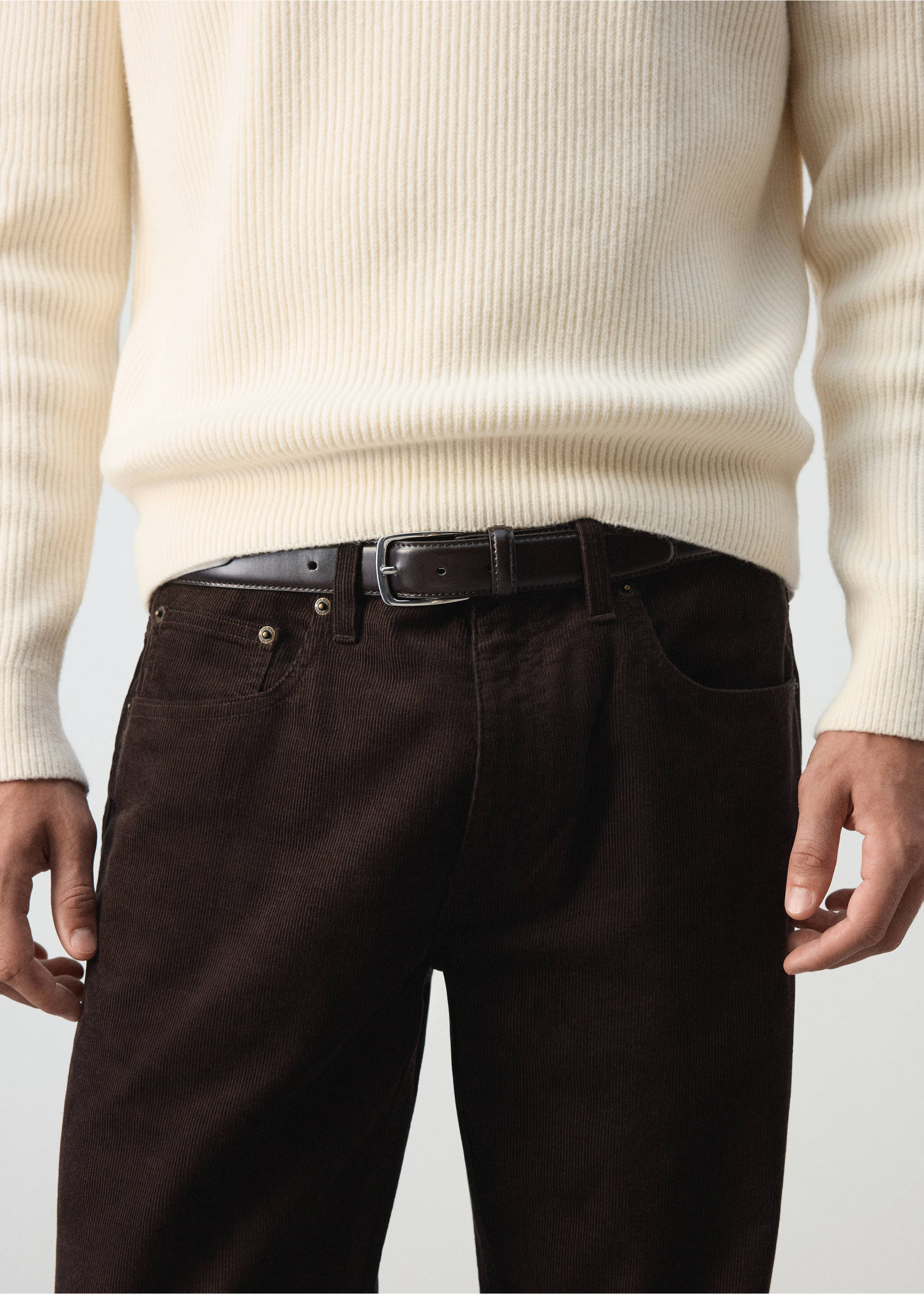 Dark brown corduroy trousers worn with a dark brown leather belt and cream jumper., Chocolate. Ref: 37037900-00.