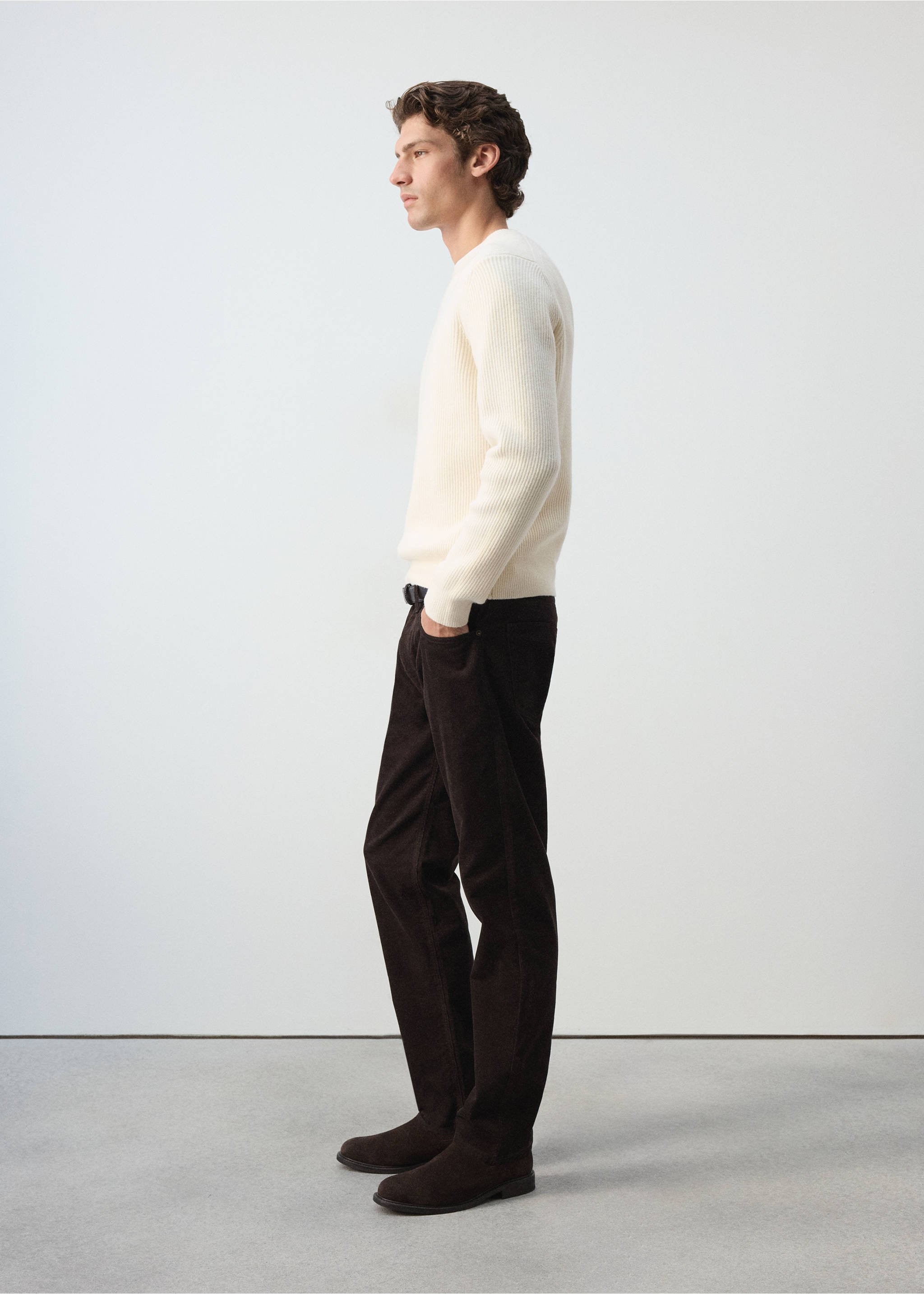 Dark brown corduroy trousers worn with a cream ribbed sweater., Chocolate. Ref: 37037900-00.