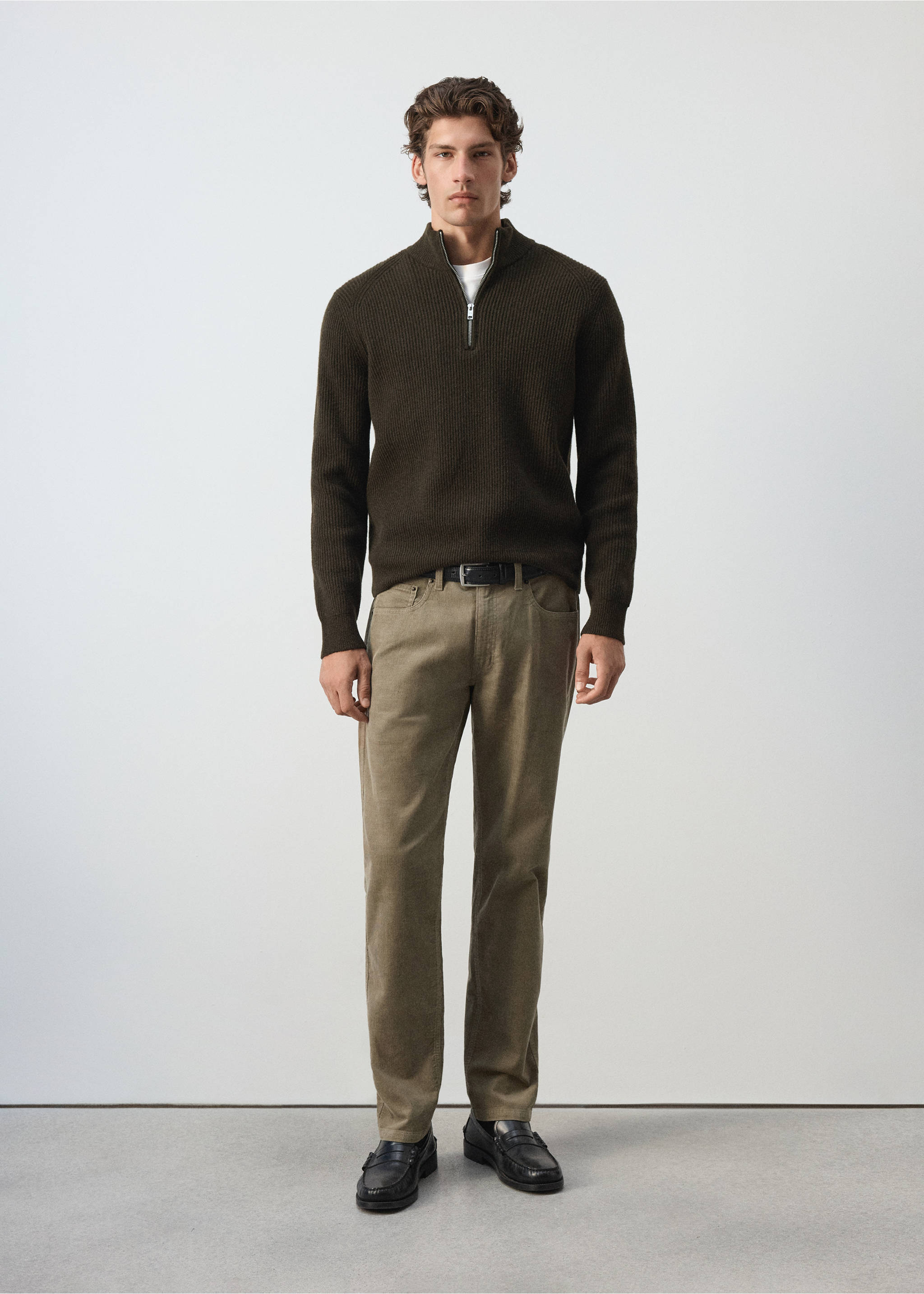 Khaki-brown straight-leg trousers worn with a dark green half-zip sweater., Mink Grey. Ref: 37037900-00.