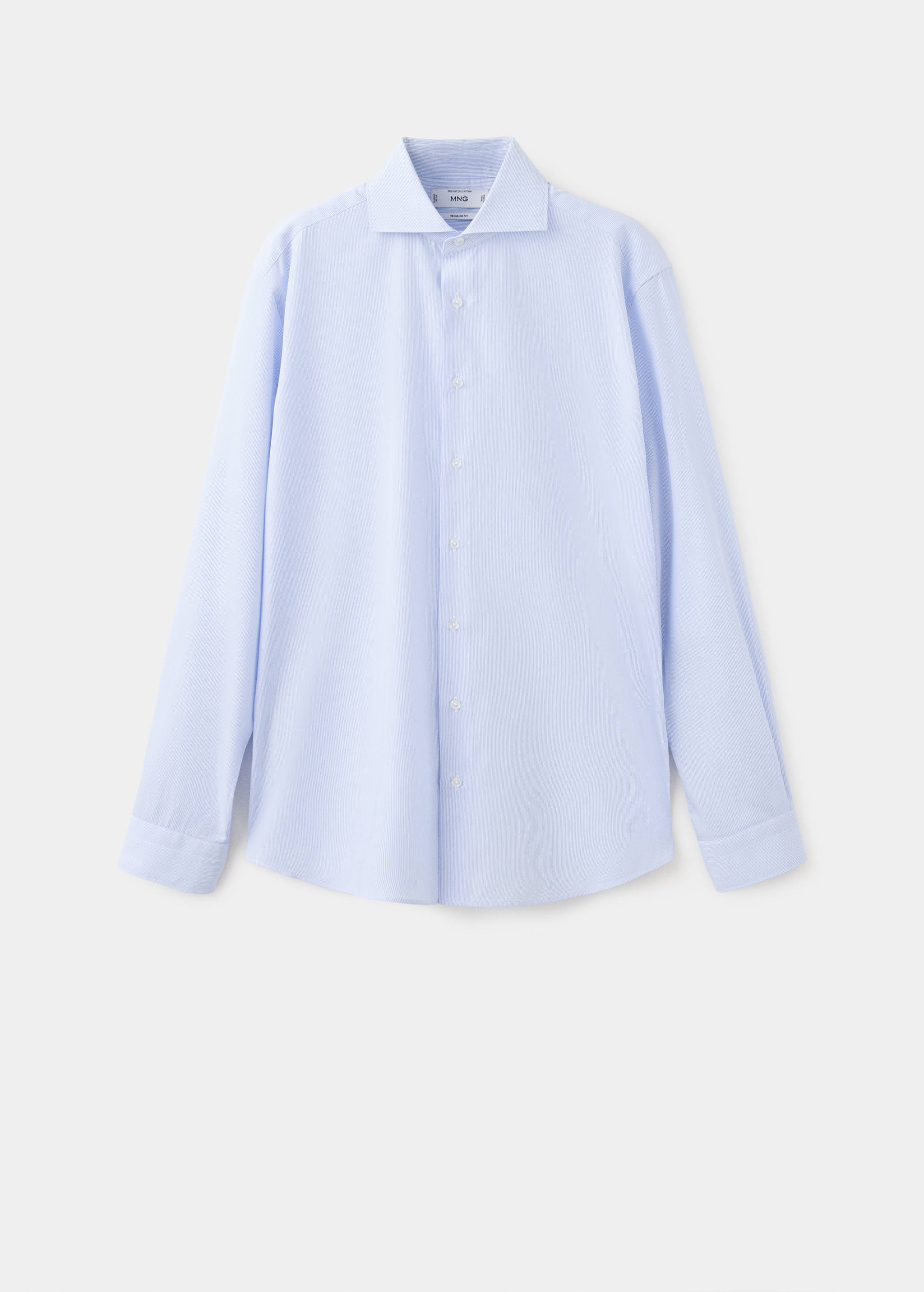 Light blue long-sleeve shirt with a cutaway collar and button placket.
