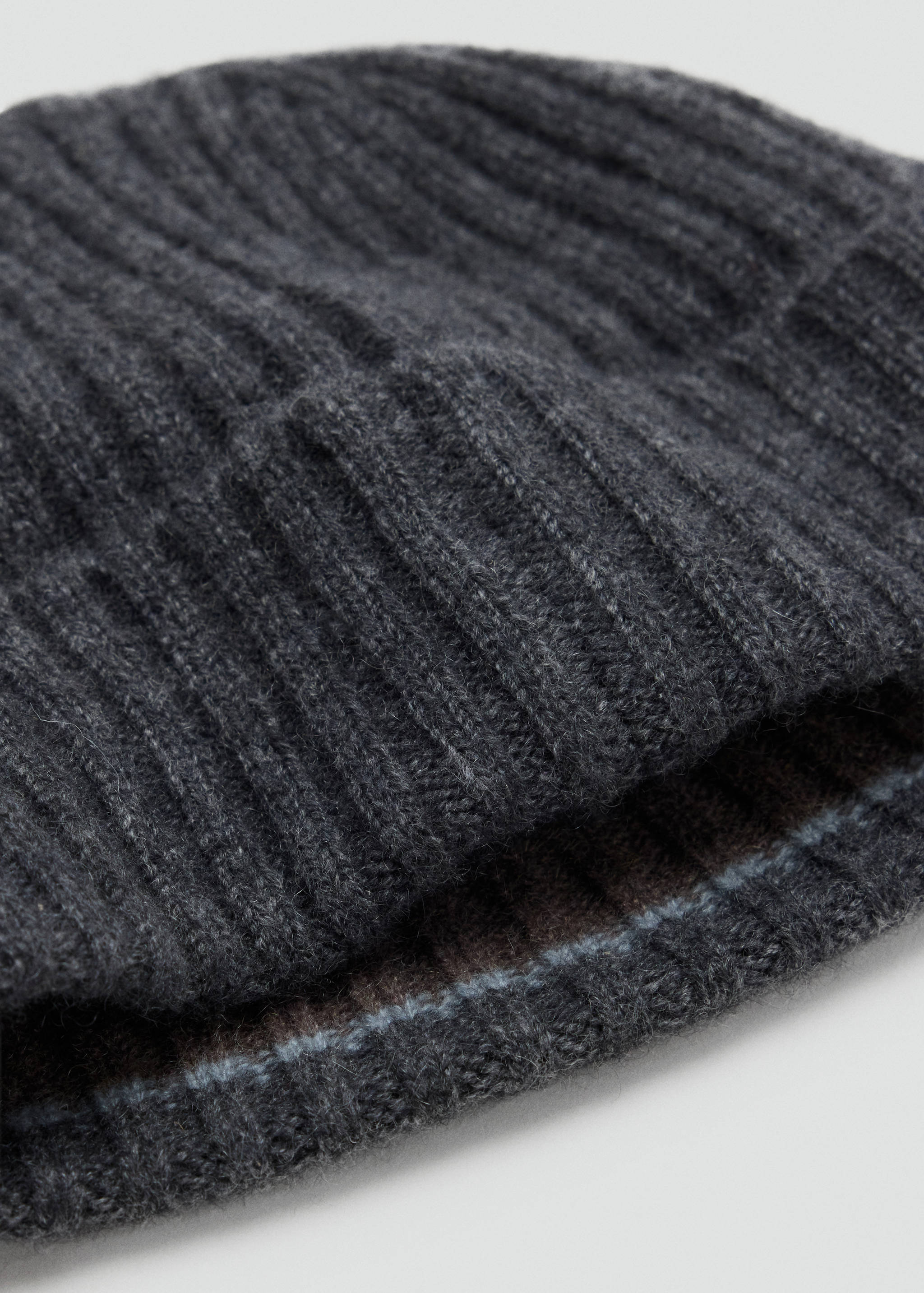 Dark grey ribbed knit beanie in a close-up view.