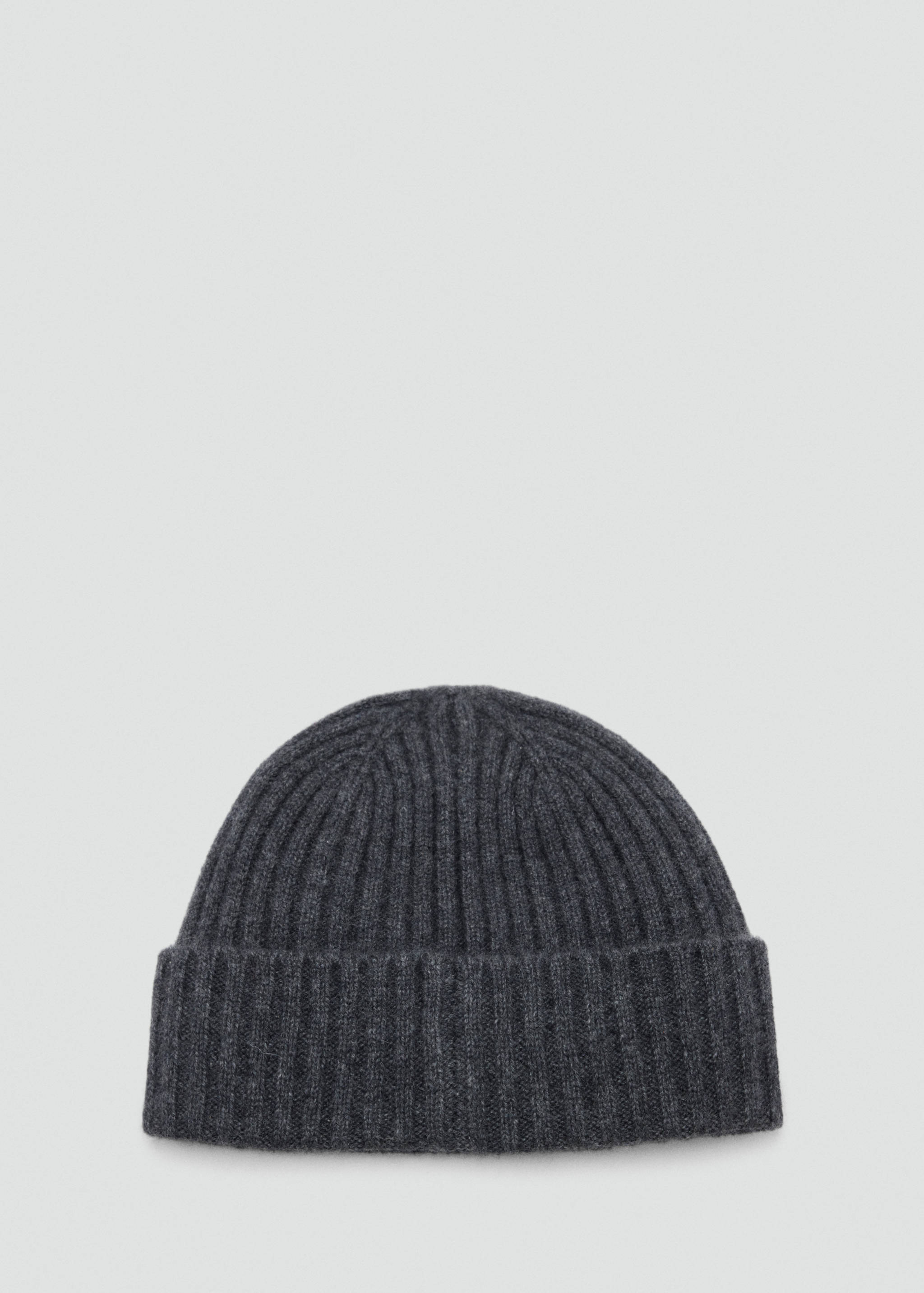 Dark grey ribbed knit beanie with a turned-up brim.