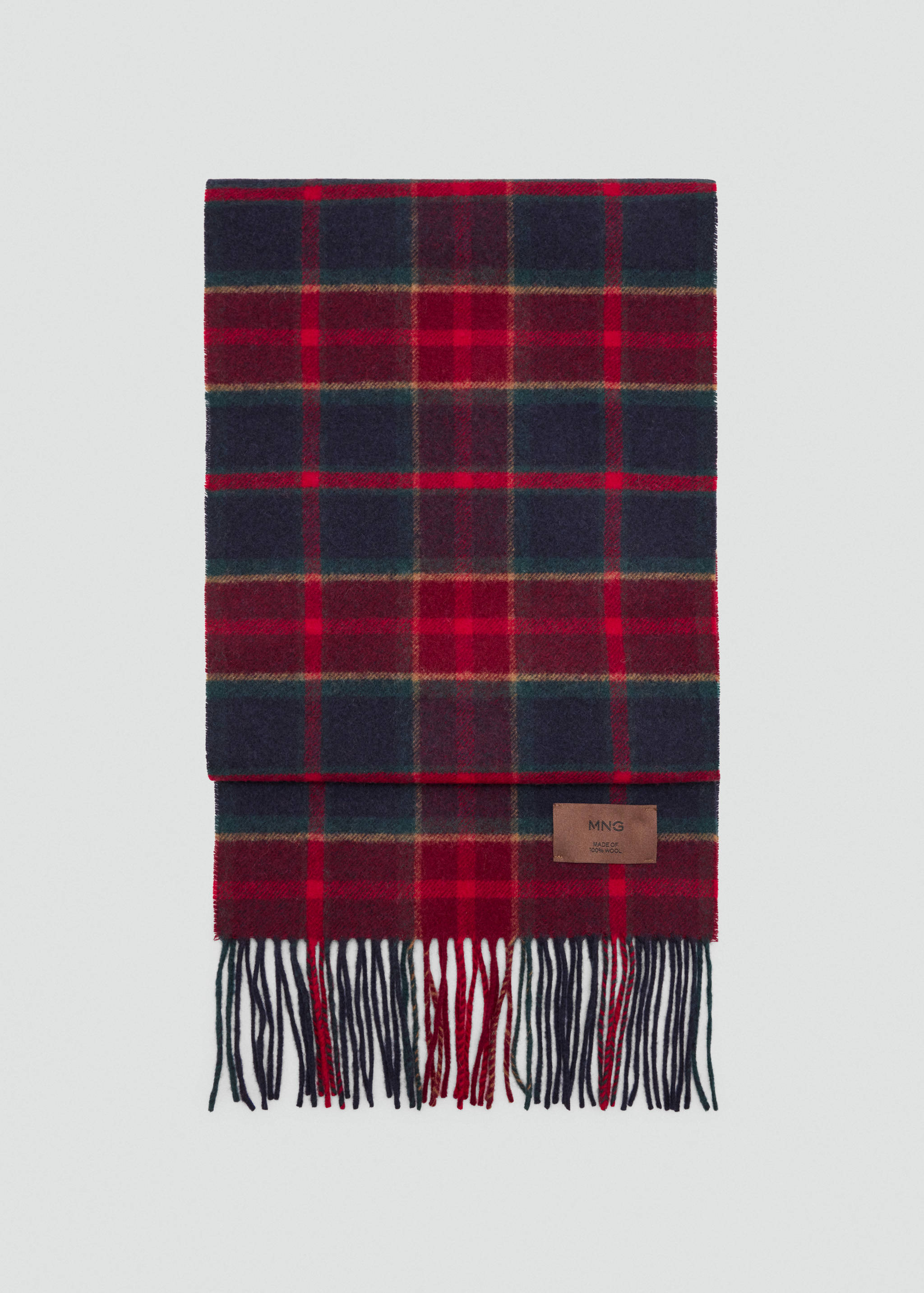 Plaid scarf in navy blue, red, dark green and yellow with fringing.