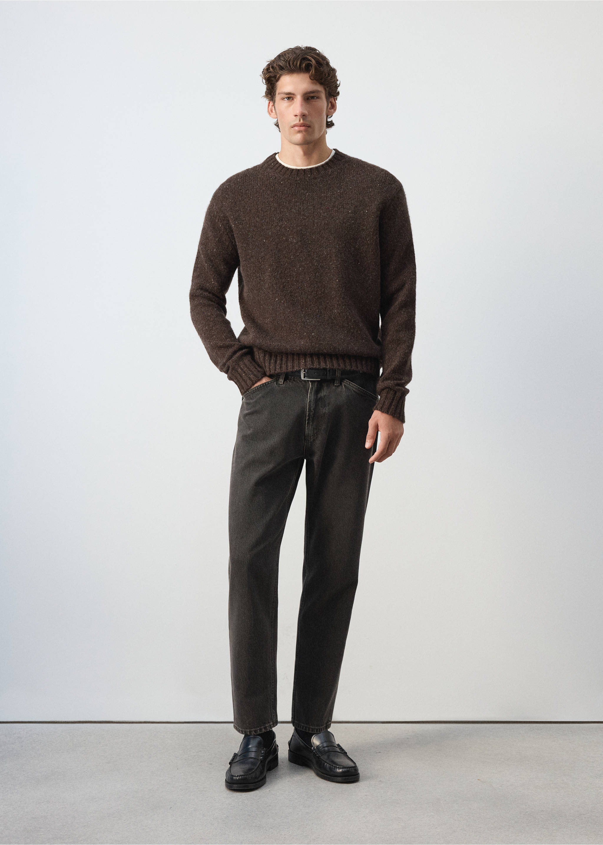 Dark brown crew neck knit jersey worn with dark trousers and black loafers., Chocolate. Ref: 37037910-00.