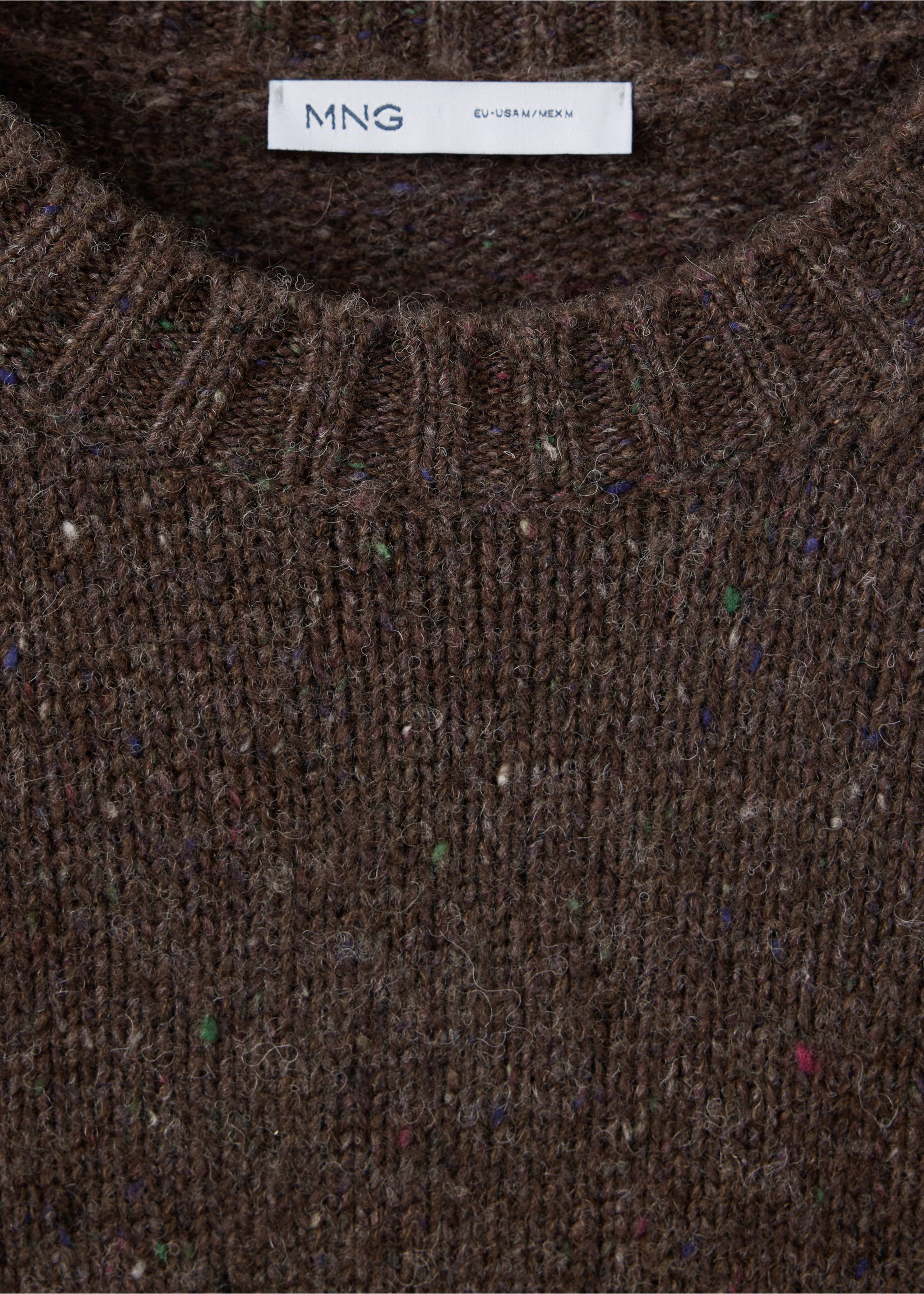 Brown speckled knit jersey sweater featuring a ribbed crew neck., Chocolate. Ref: 37037910-00.