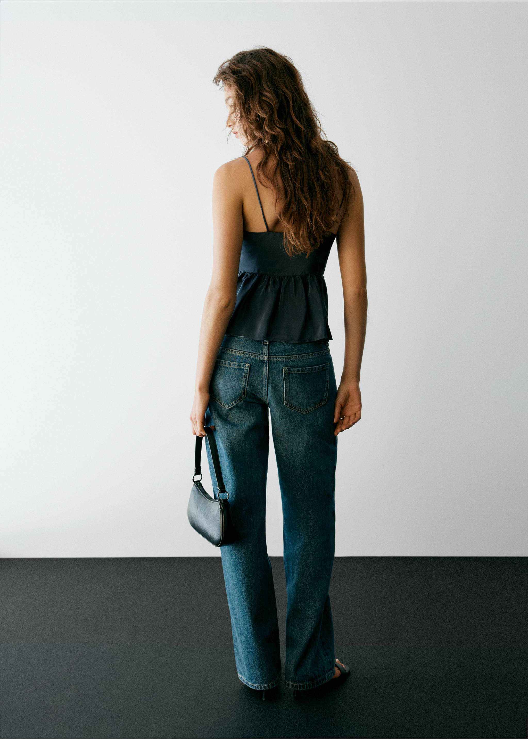 Dark blue camisole top with thin straps and peplum hem, back view., Dark Silver. Ref: 37037911-00.