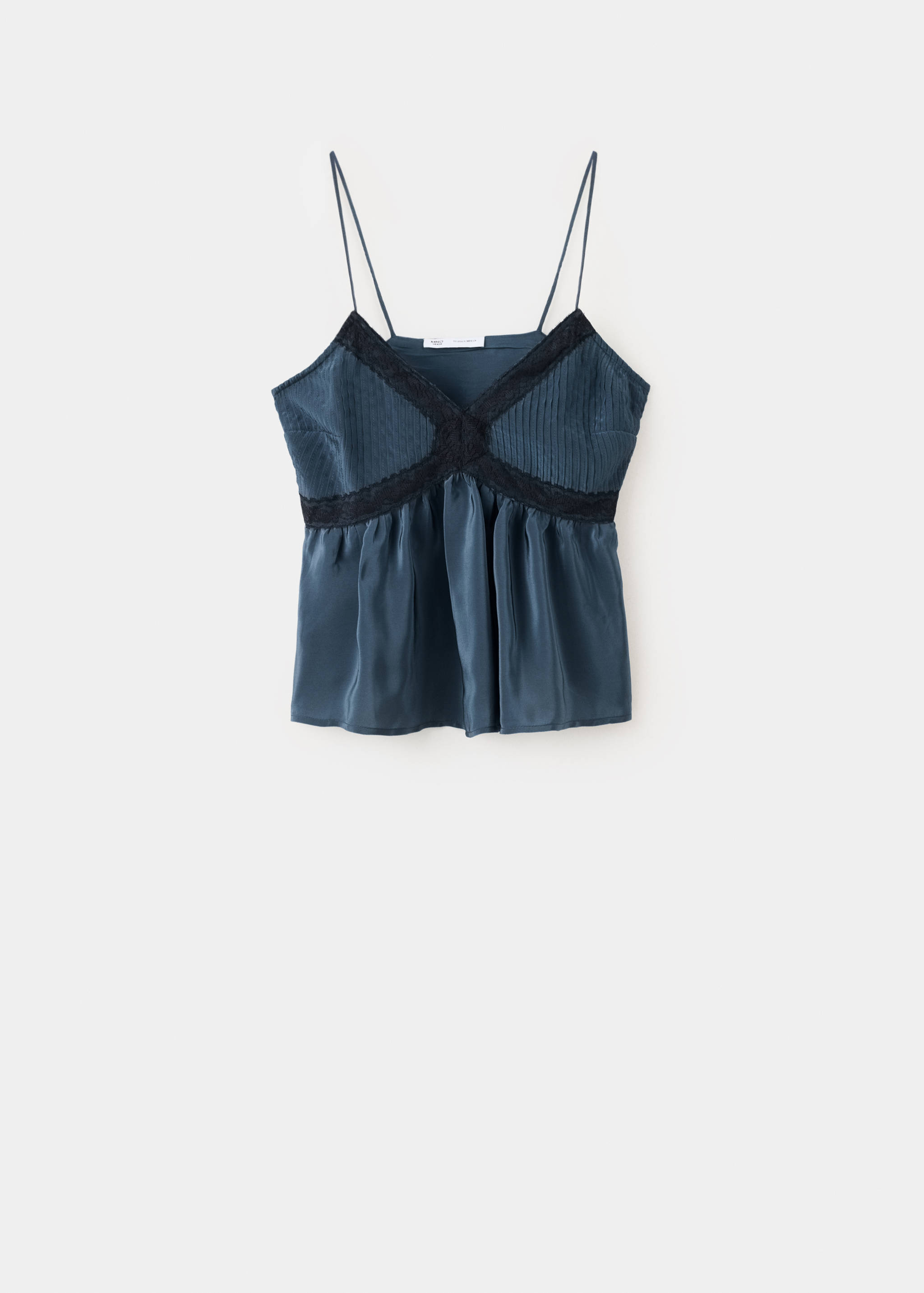 Dark teal camisole top with thin straps, a V-neckline, and black lace trim.