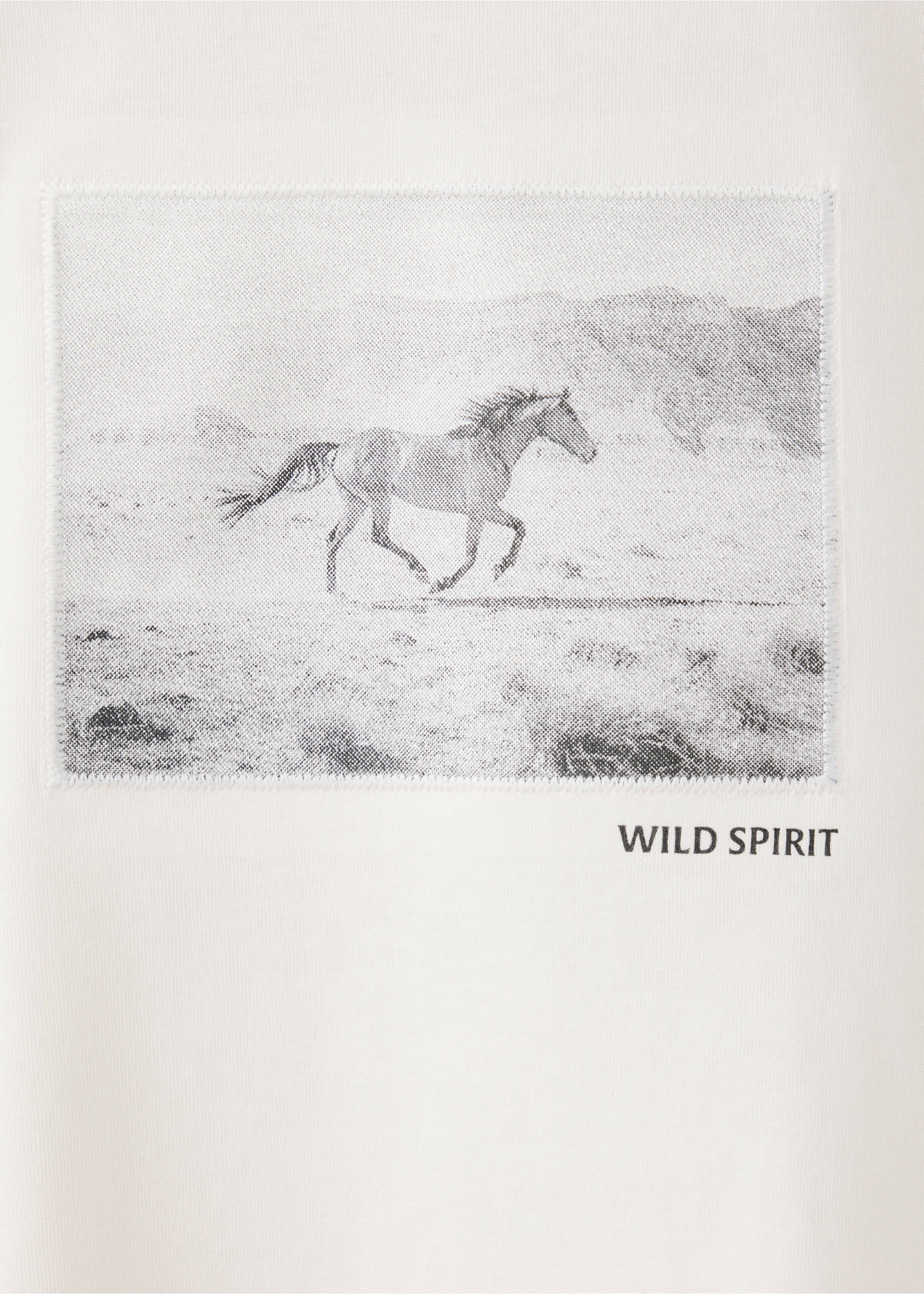 White t-shirt fabric close-up with a running horse graphic and text., Off White. Ref: 37037913-00.