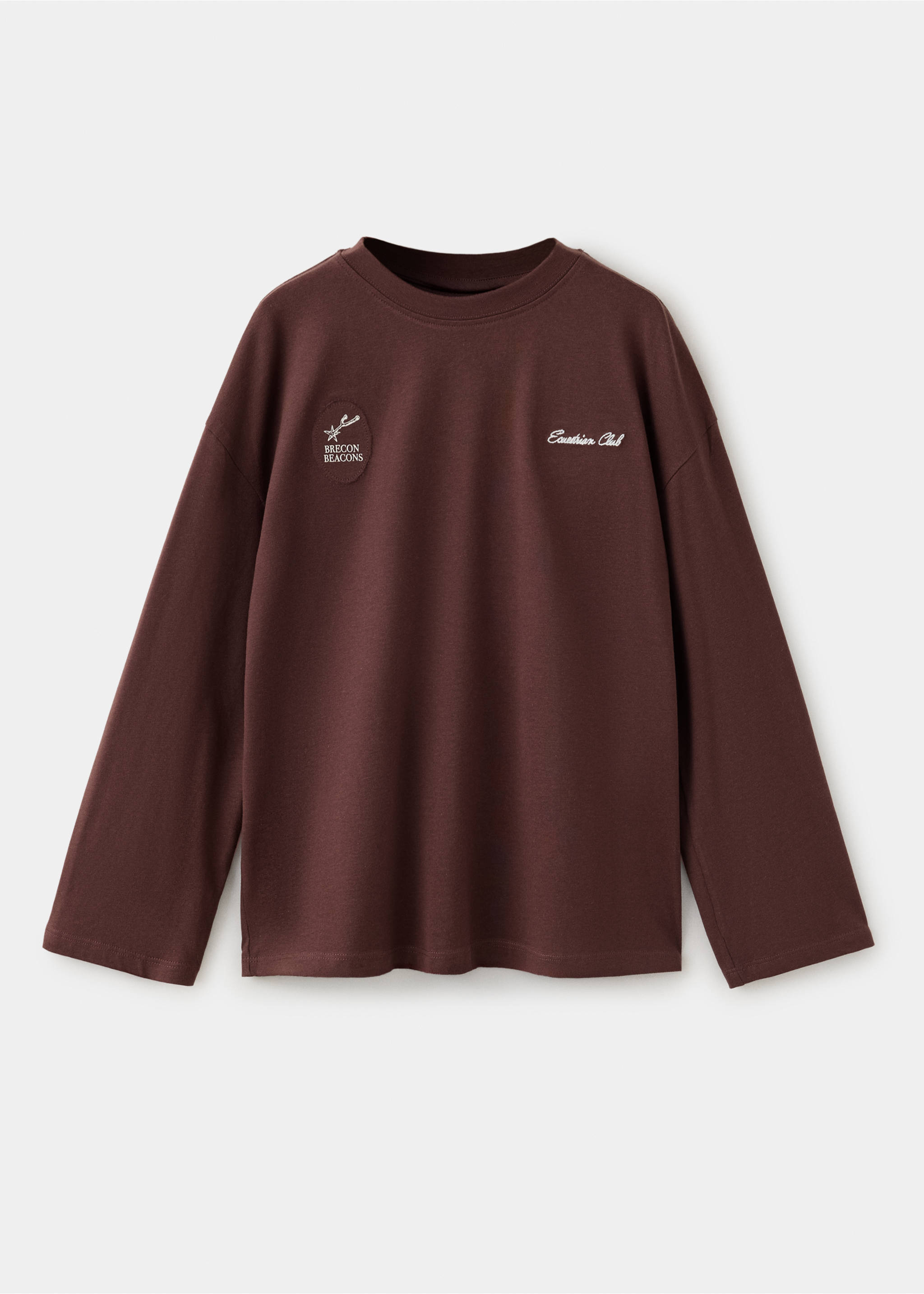 Brown long-sleeved t-shirt with embroidered chest text and a patch., Chocolate. Ref: 37037914-00.