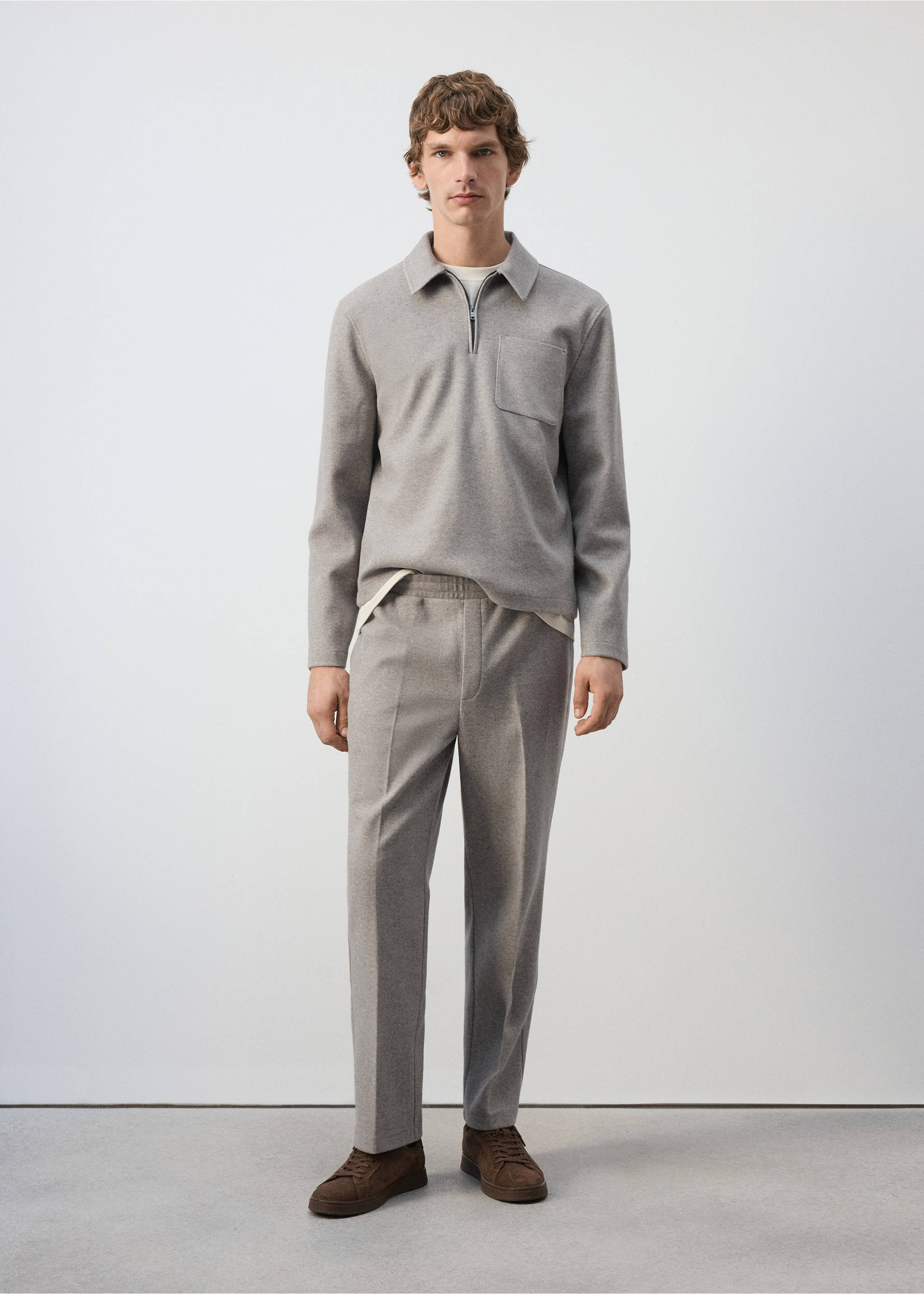 Grey joggers with an elasticated waist, styled with a matching half-zip polo shirt., Light/Pastel Grey. Ref: 37037915-00.