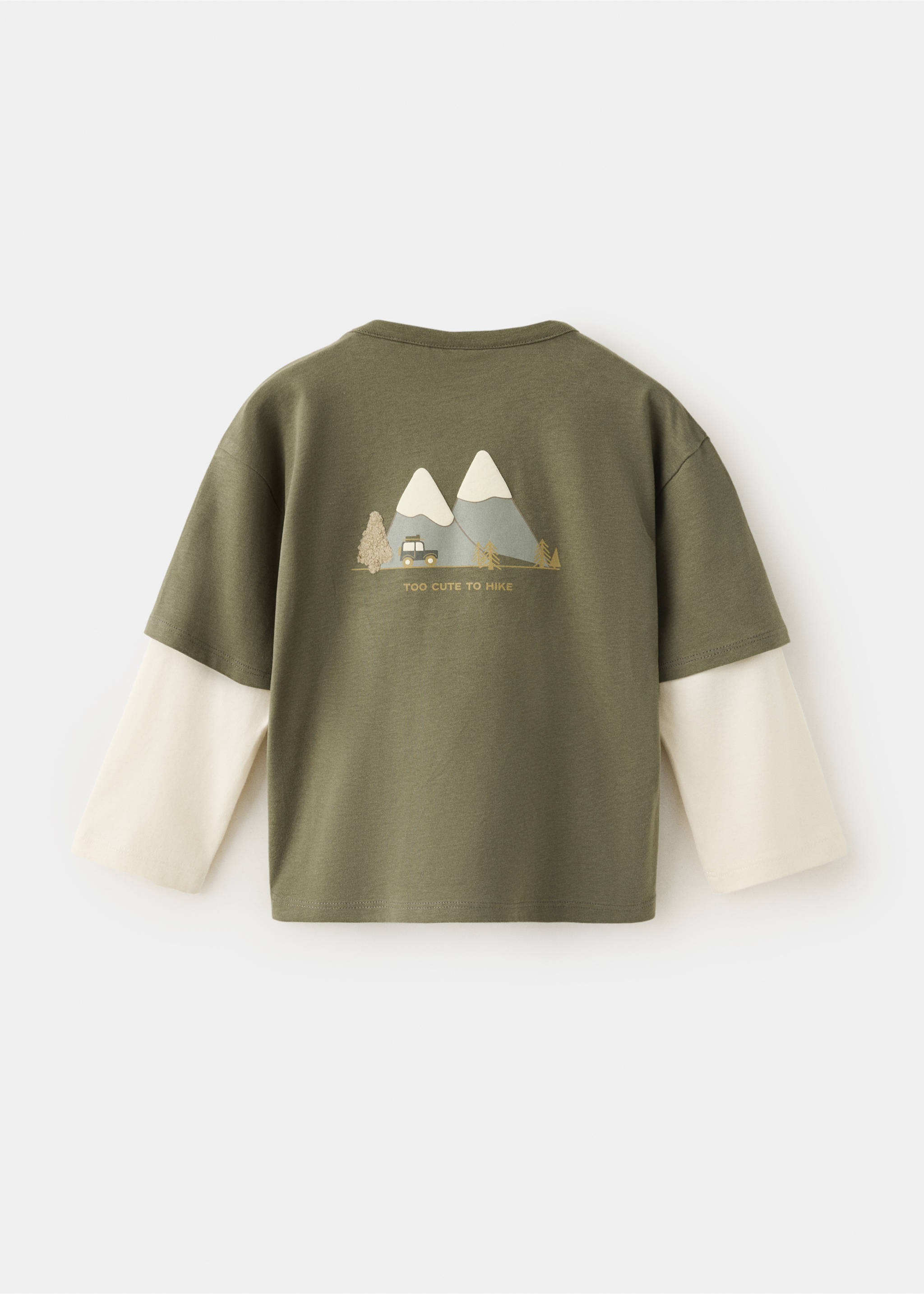 Khaki green children's t-shirt from the back, with layered long off-white sleeves and a mountain graphic., Dark Green. Ref: 37037918-00.