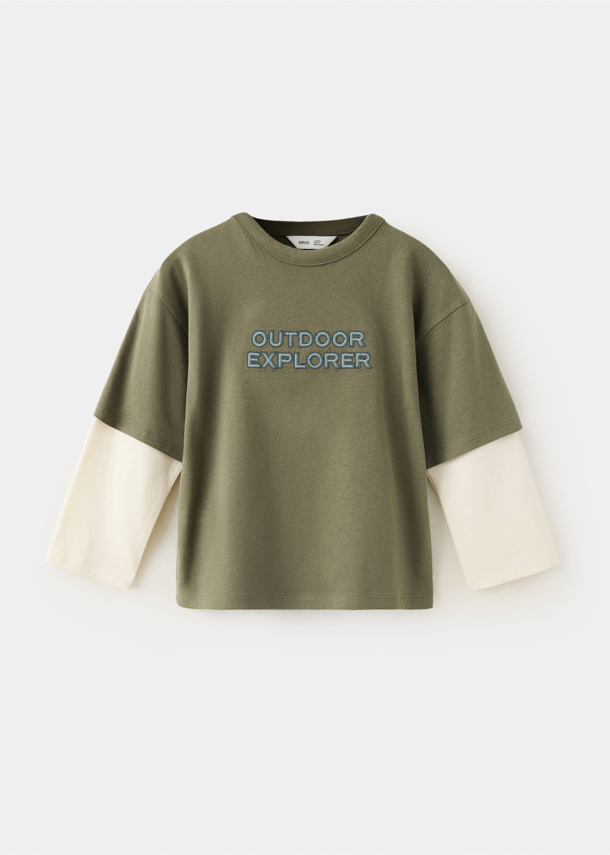 Olive green layered kids' t-shirt with long off-white sleeves and embroidered chest text., Dark Green. Ref: 37037918-00.