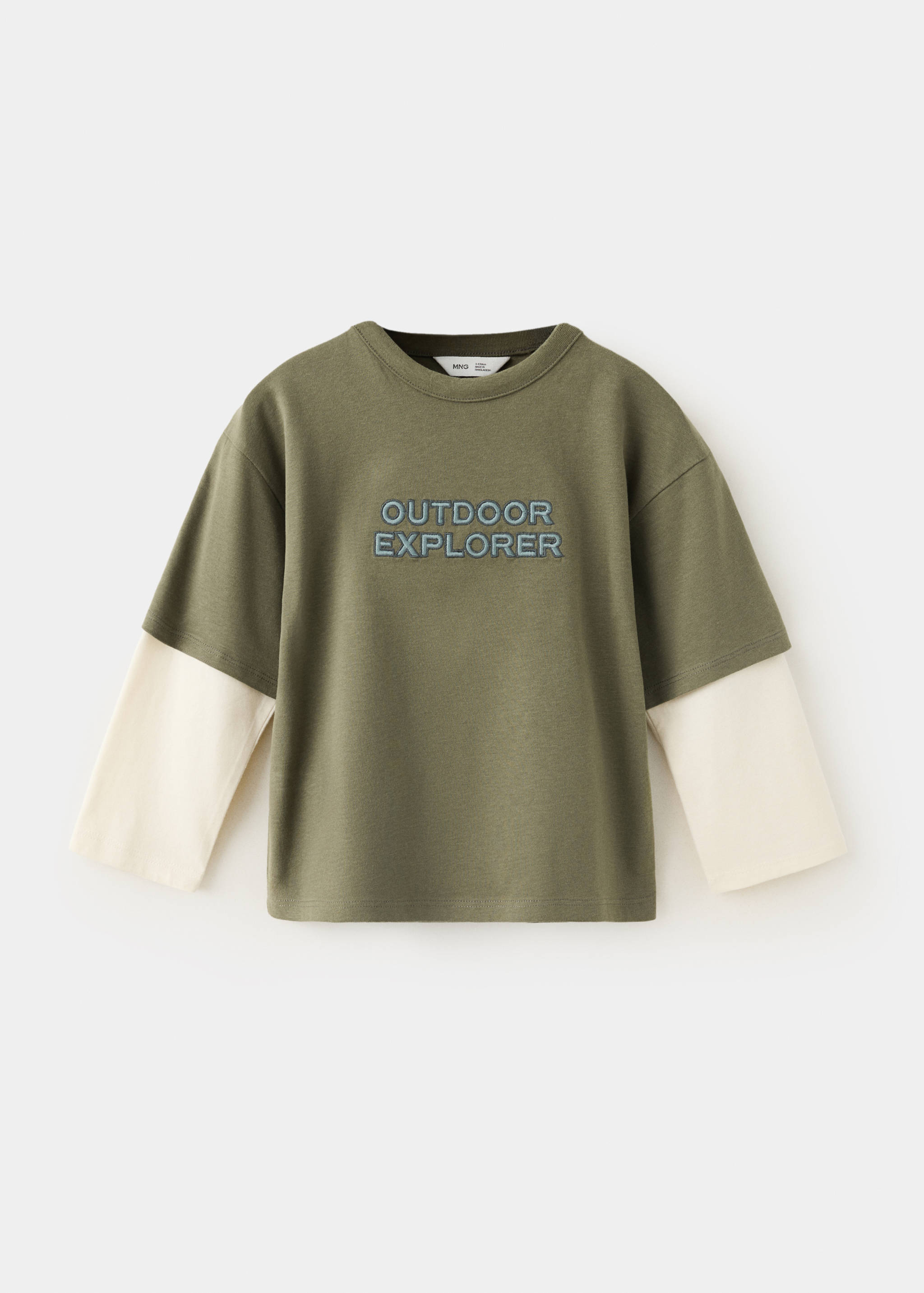 Olive green layered kids' t-shirt with long off-white sleeves and embroidered chest text.