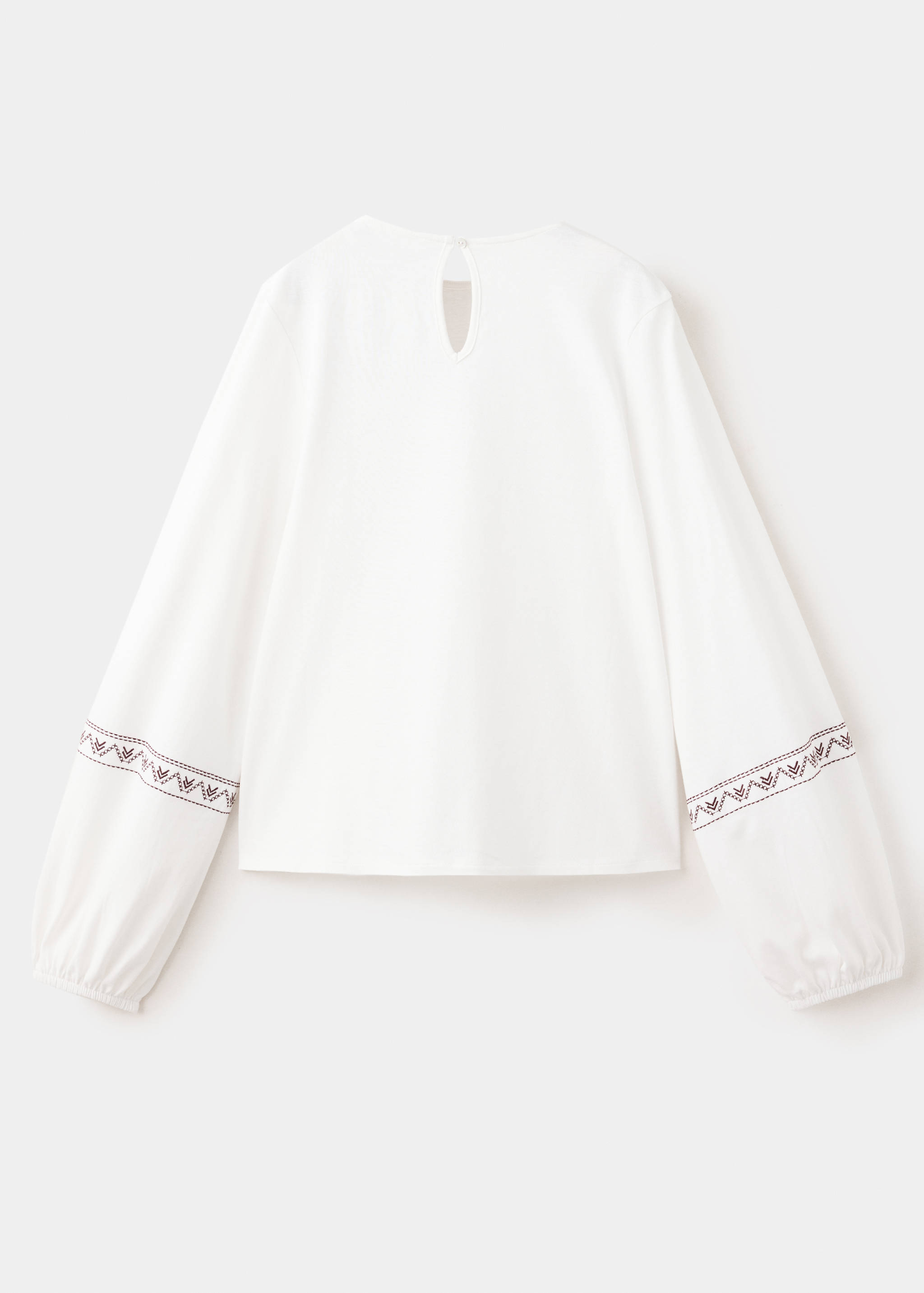 White kids' t-shirt, back view, featuring long embroidered sleeves and a teardrop neckline cutout.
