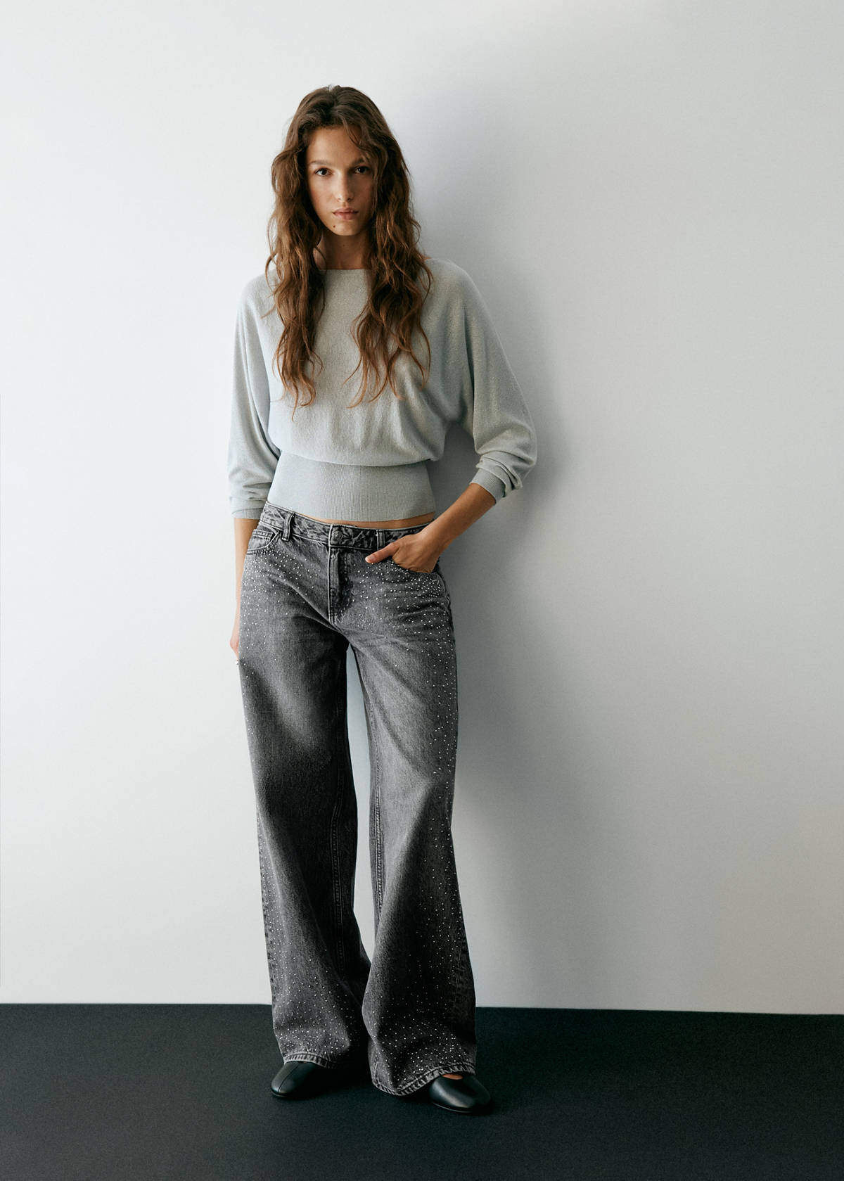 Wide leg jeans with rhinestones — Denim Grey