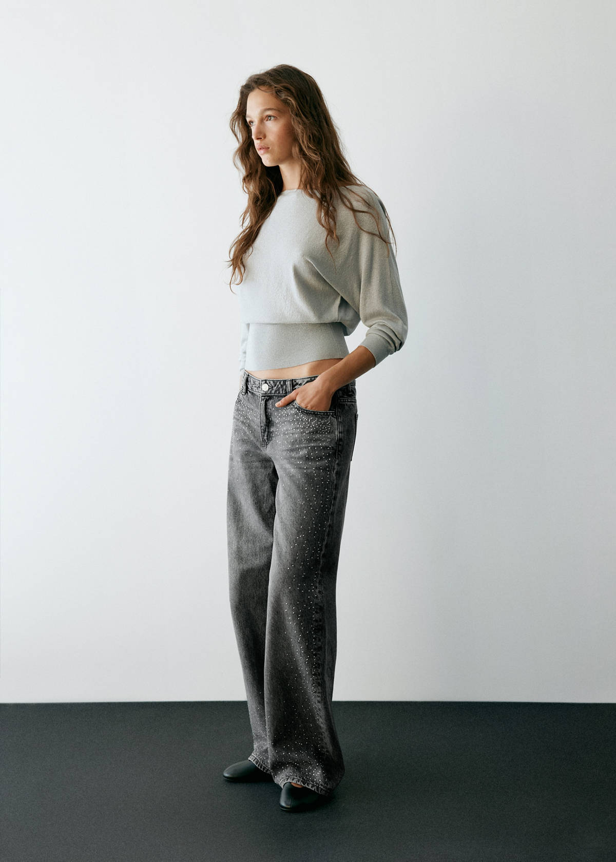 Wide leg jeans with rhinestones — Denim Grey