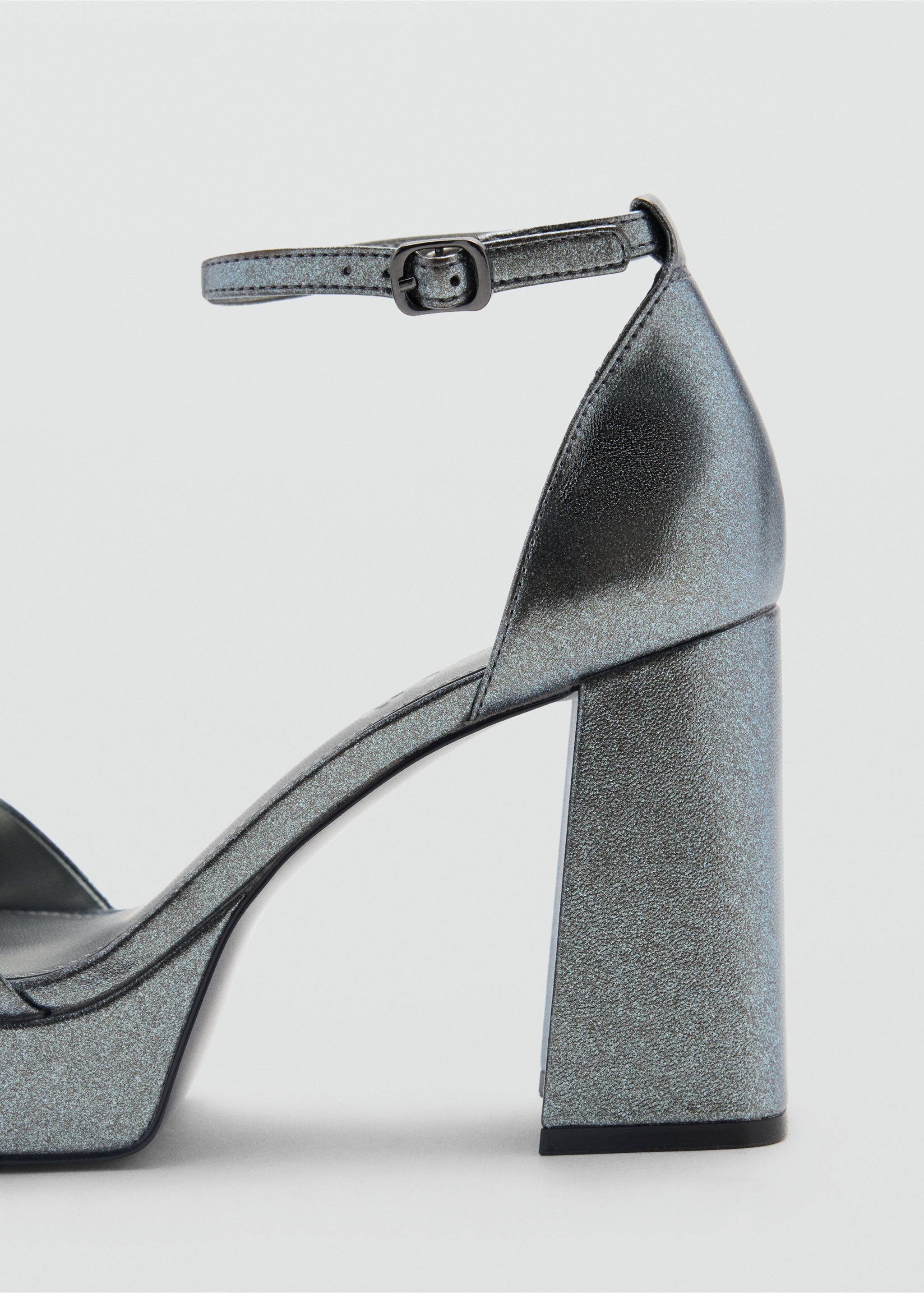 Metallic grey platform sandal detail, featuring a block heel and ankle strap., Blue. Ref: 37037925-00.