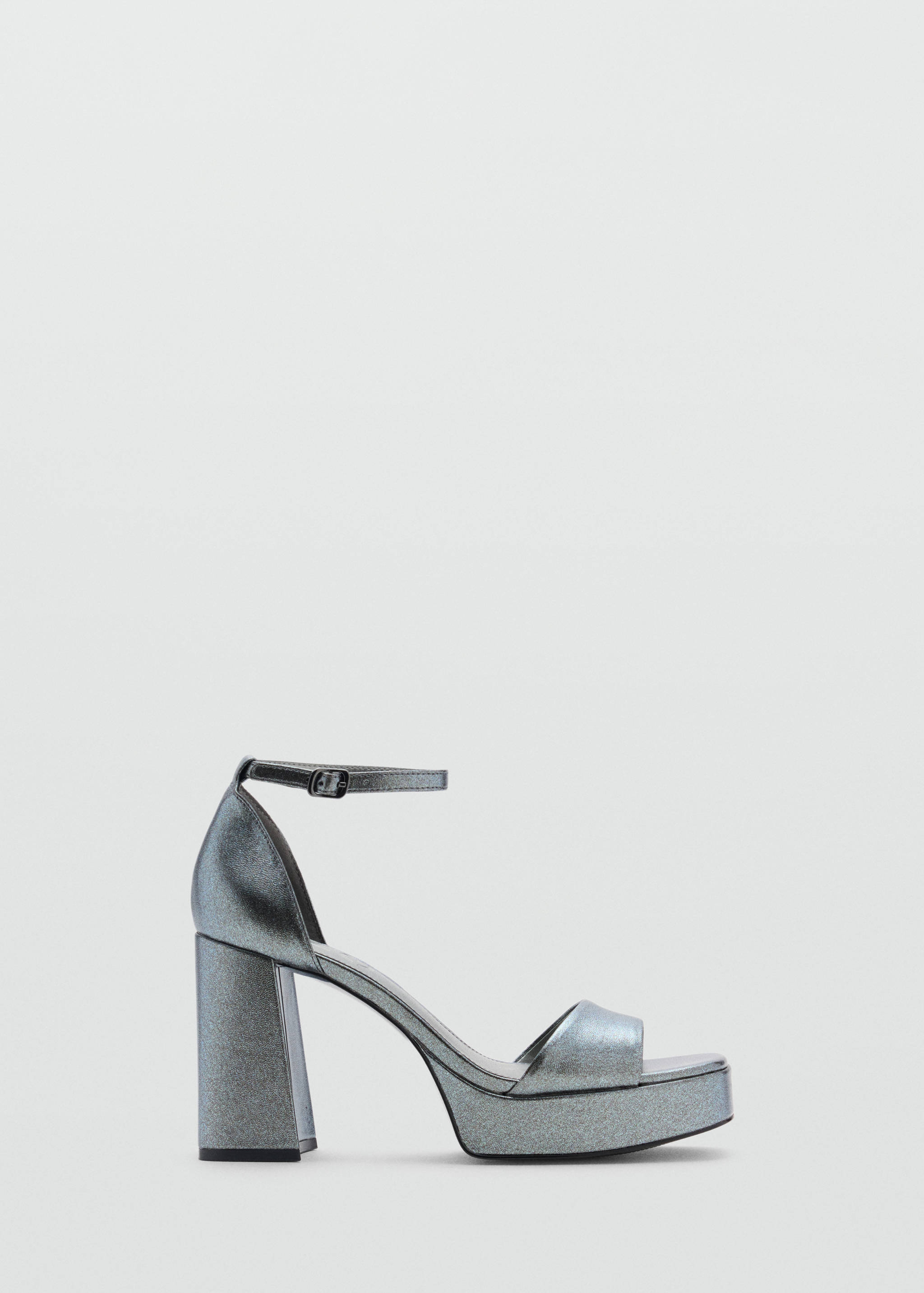 Metallic silver platform sandal with a high block heel and ankle strap.