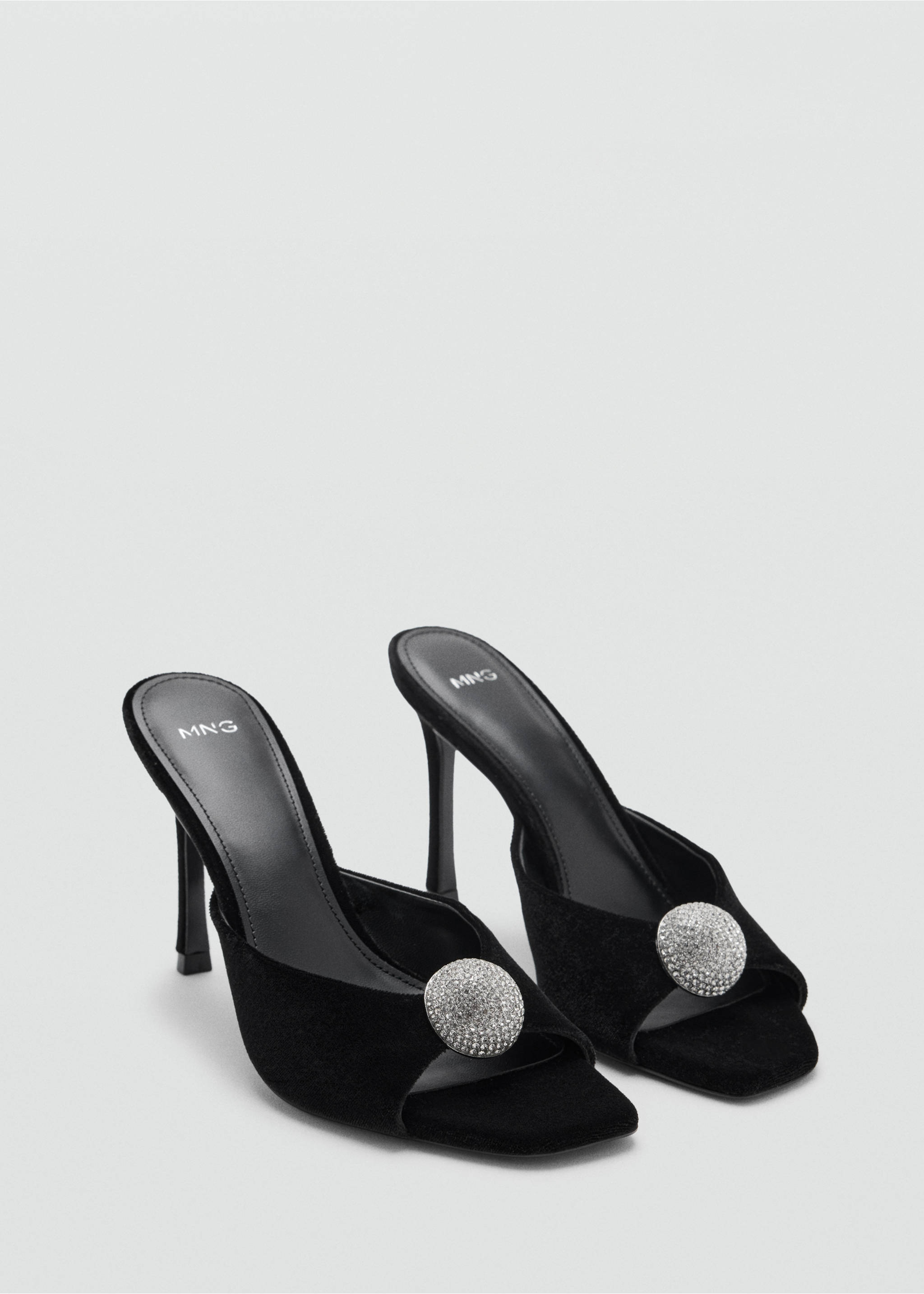 Black heeled sandals with open square toes and sparkling crystal embellishments., Black. Ref: 37037928-00.