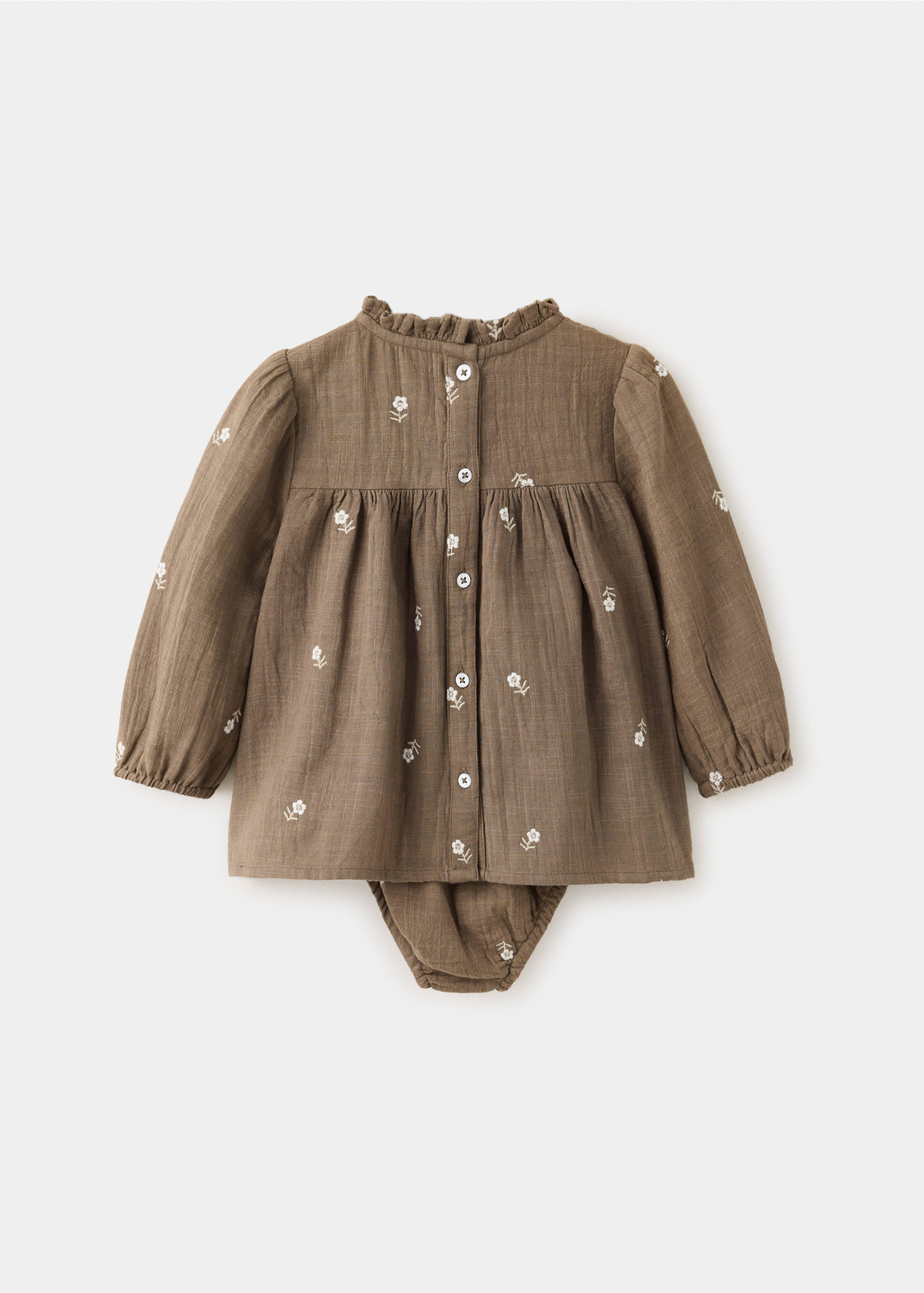 Brown embroidered floral baby dress and bloomers, back view., Chocolate. Ref: 37037929-00.