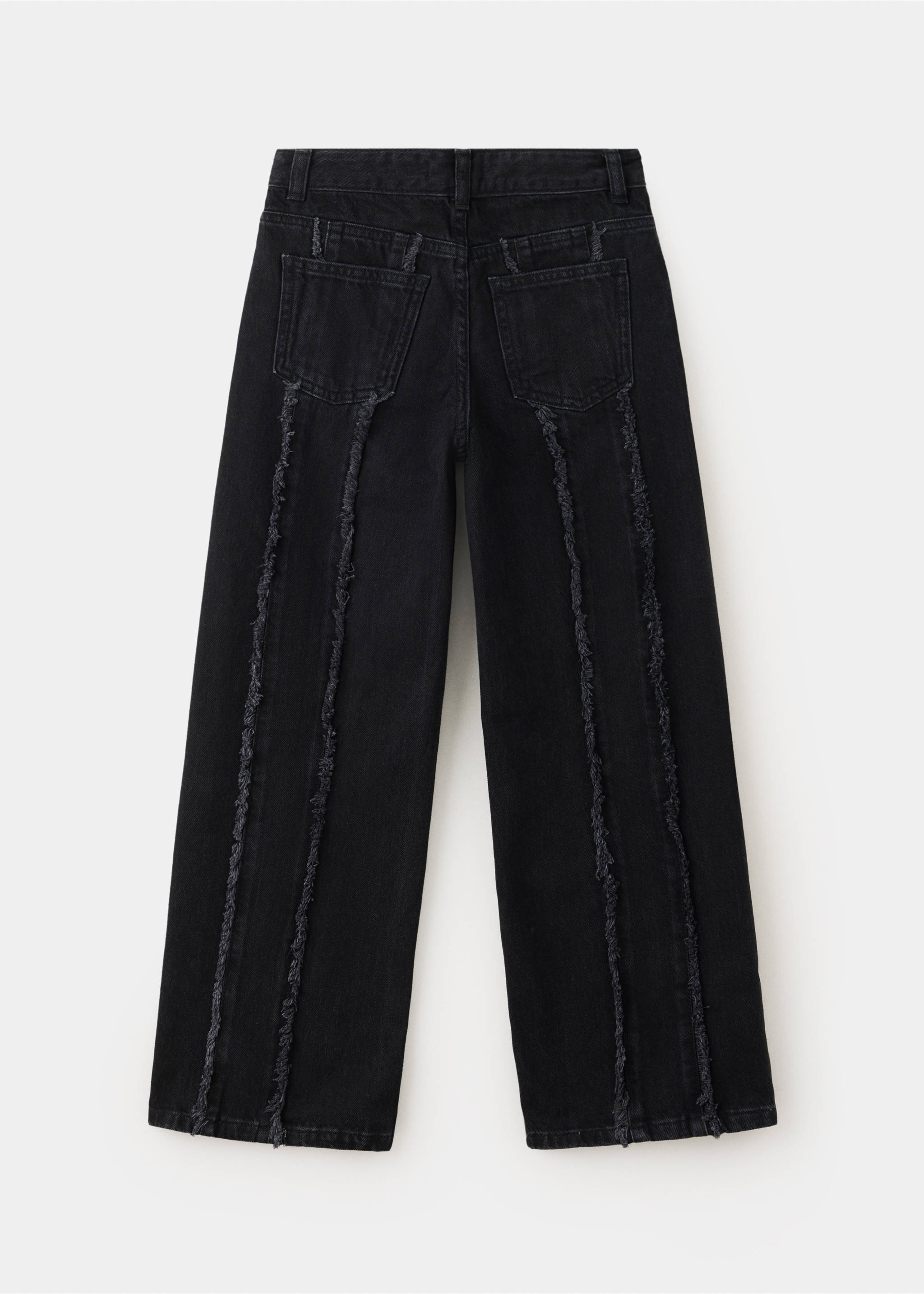 Back view of dark grey denim trousers with frayed vertical seams., Black denim. Ref: 37037933-00.