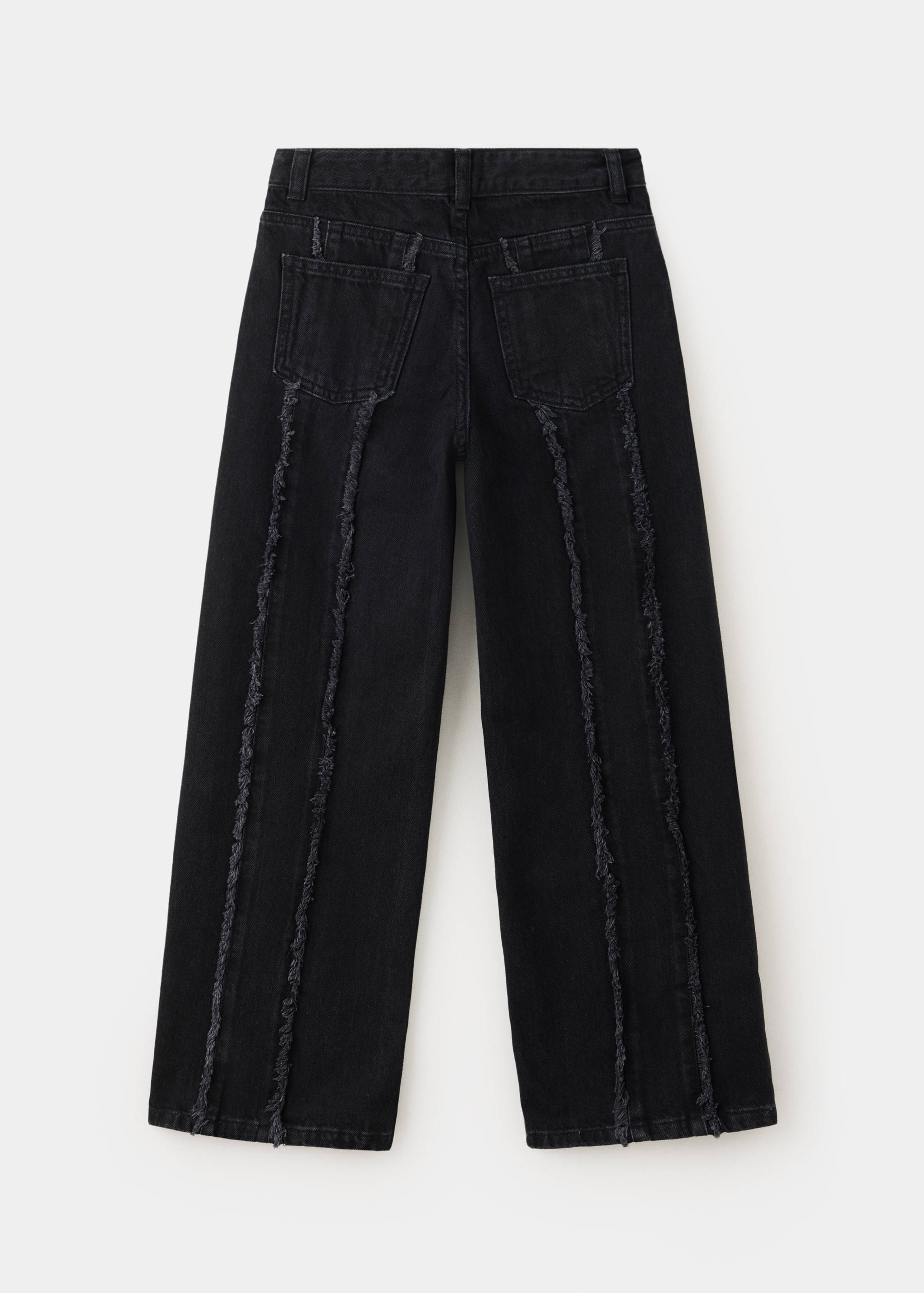Back view of dark grey denim trousers with frayed vertical seams.