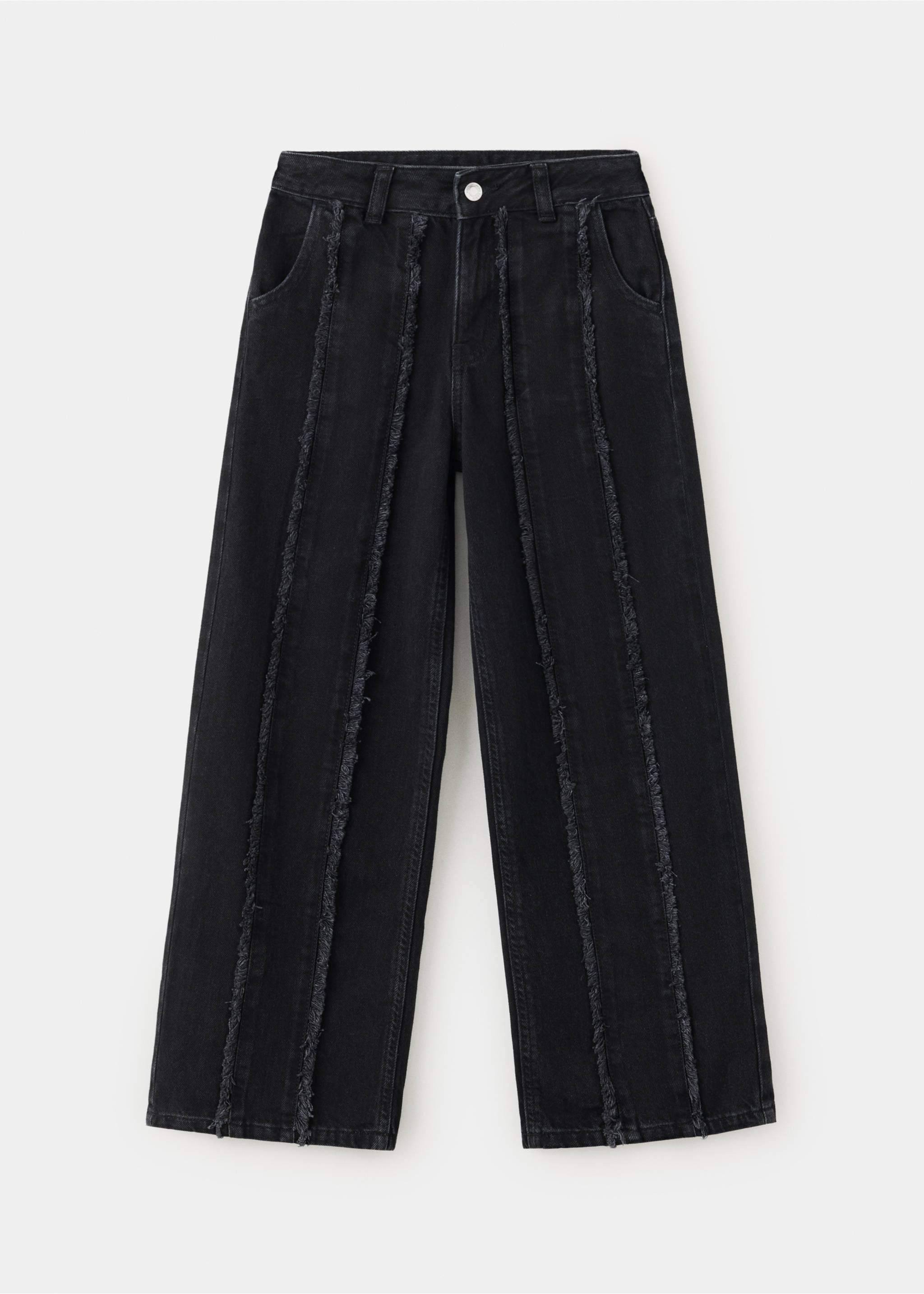 Dark grey straight-leg denim trousers with vertical frayed seams., Black denim. Ref: 37037933-00.