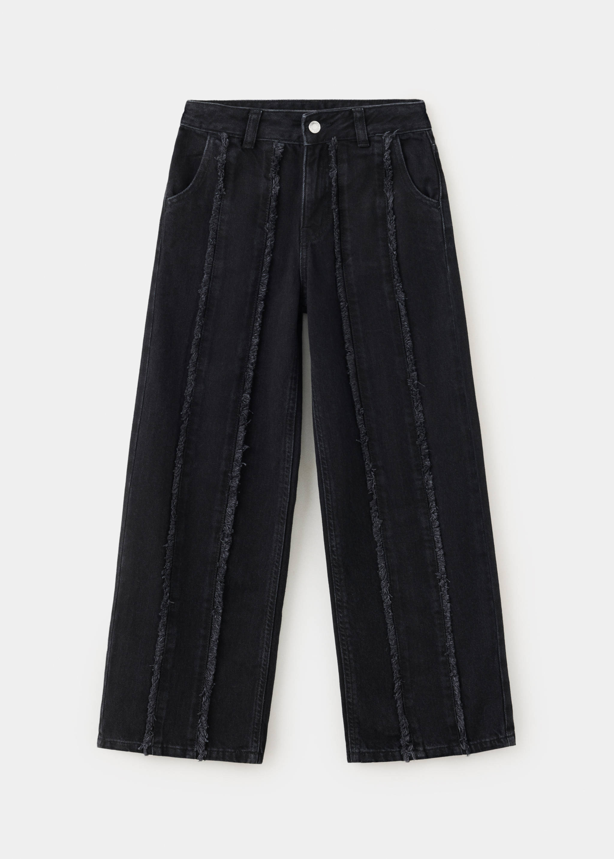 Dark grey straight-leg denim trousers with vertical frayed seams.