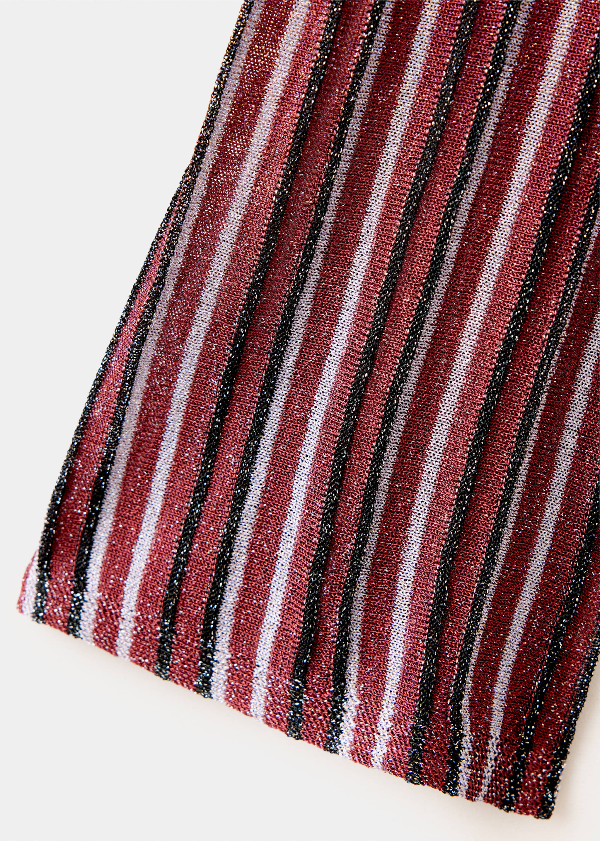Close-up of a metallic-thread ribbed knit jersey with dark red, white, and black vertical stripes., Burgundy. Ref: 37037936-00.