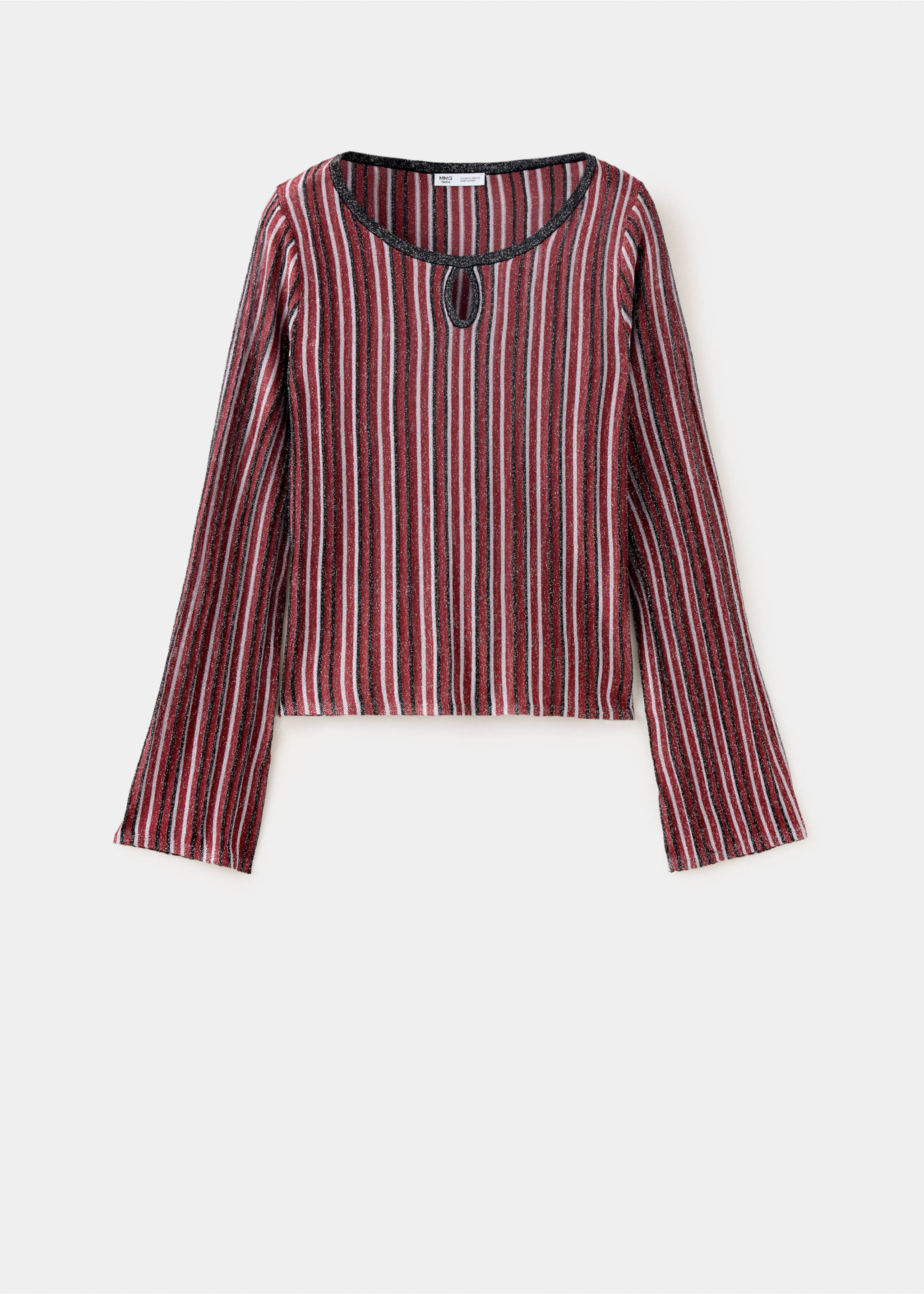 Striped metallic jersey sweater with a keyhole neckline and long sleeves., Burgundy. Ref: 37037936-00.