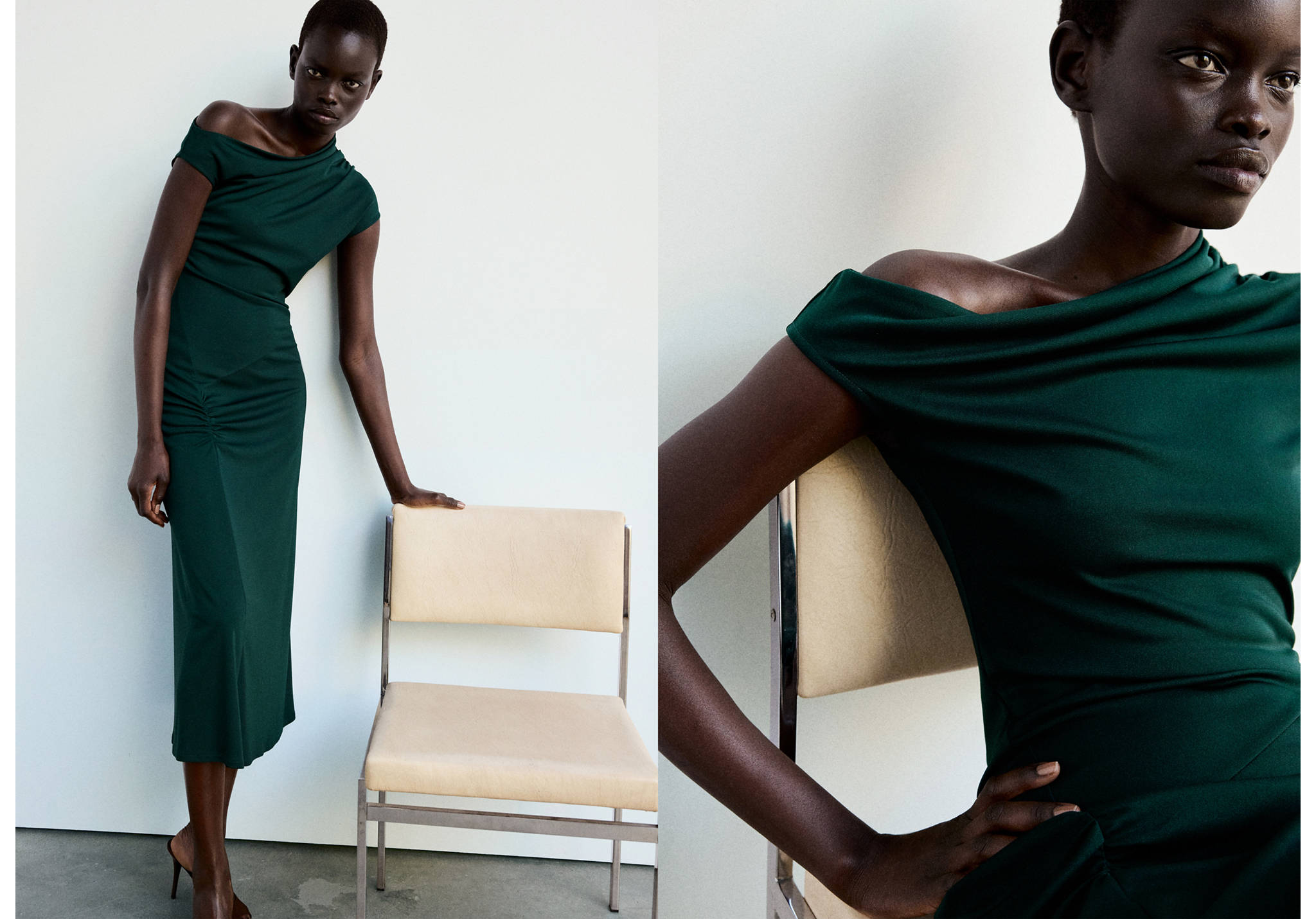 Dark green midi dress with asymmetric off-the-shoulder neckline and draped bodice, shown in full and close-up views.