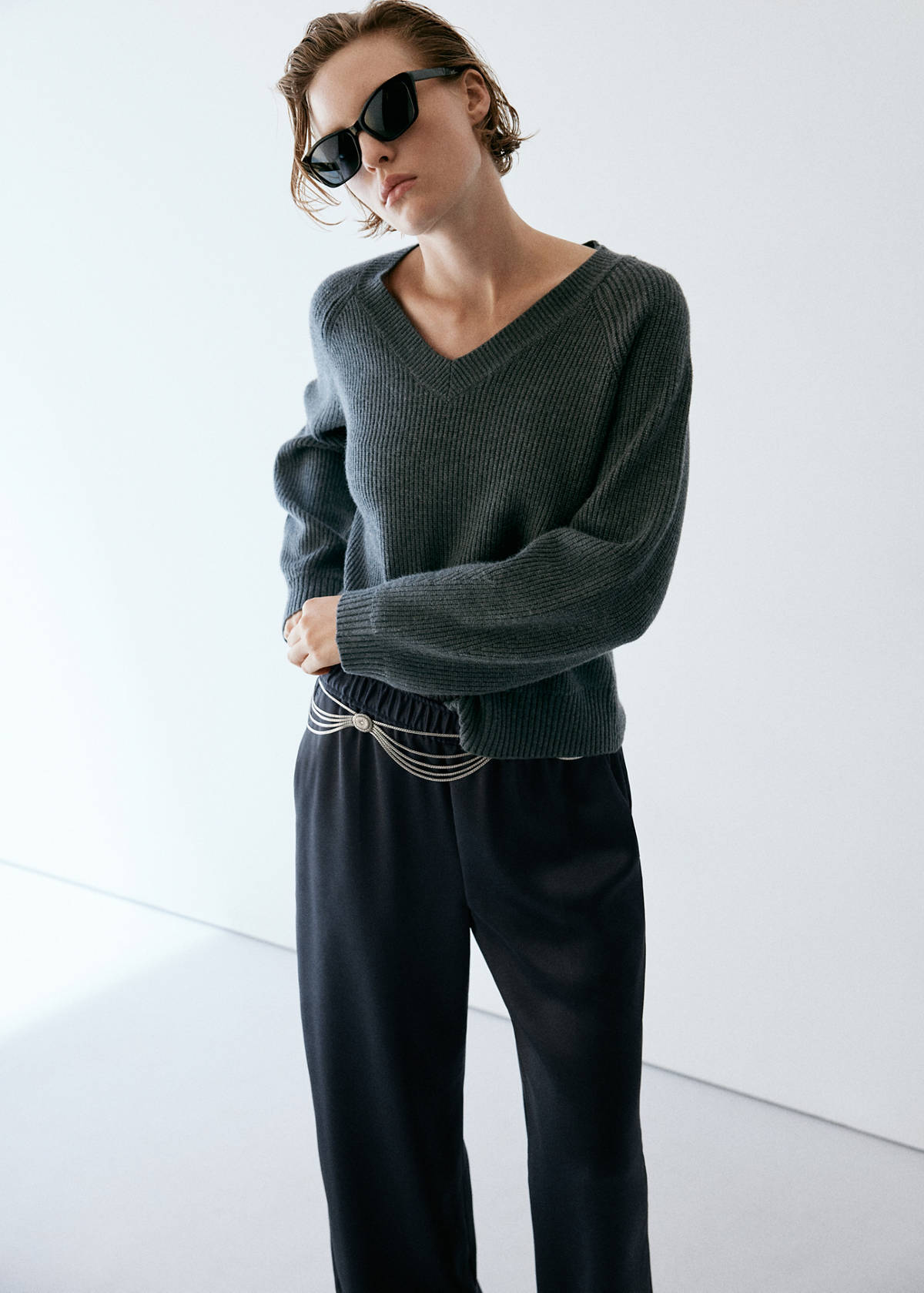 Satin straight-fit trousers — Navy