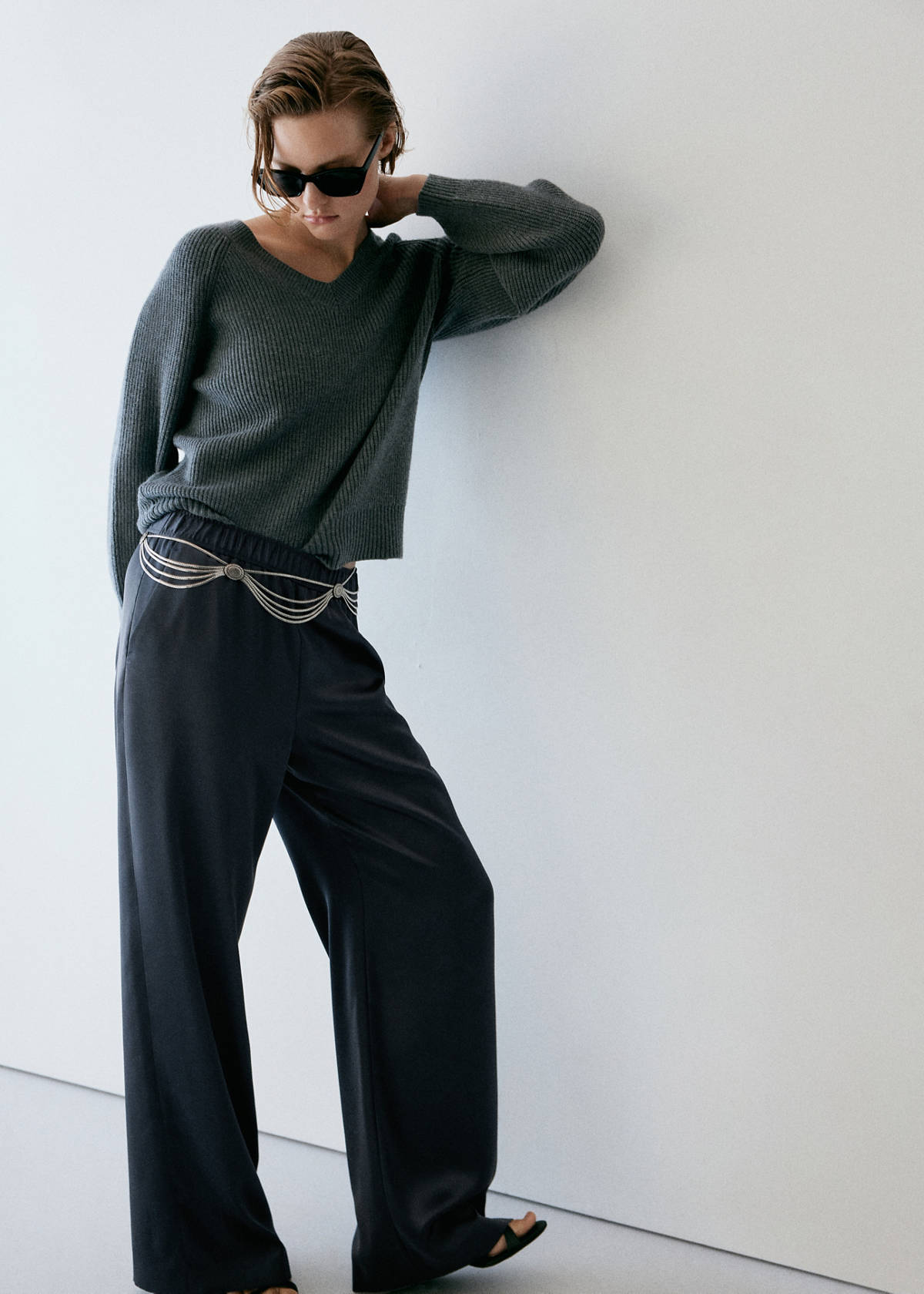 Satin straight-fit trousers — Navy