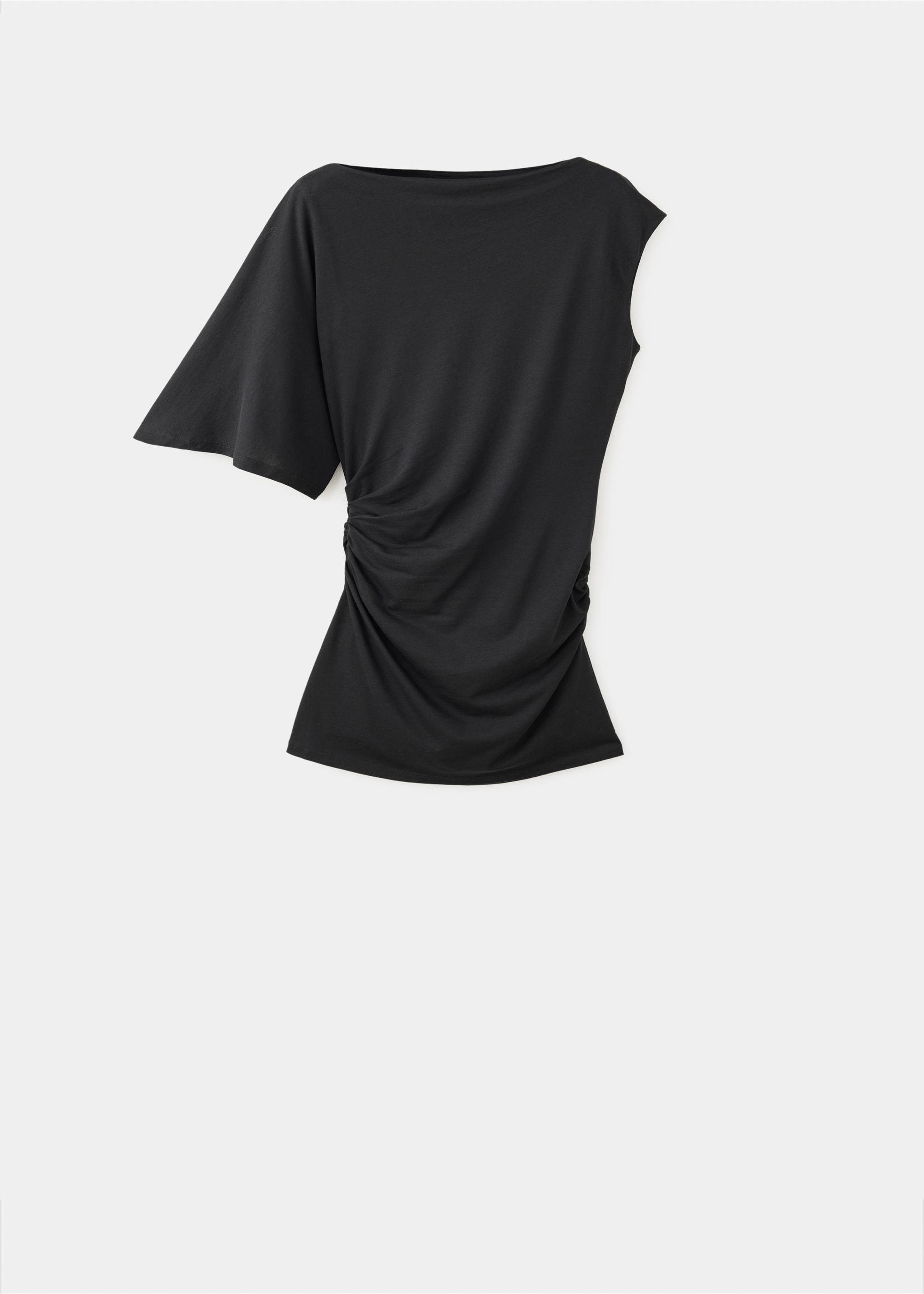 Black dress with an asymmetric neckline, one flared sleeve, and gathered waist., Black. Ref: 37037944-00.