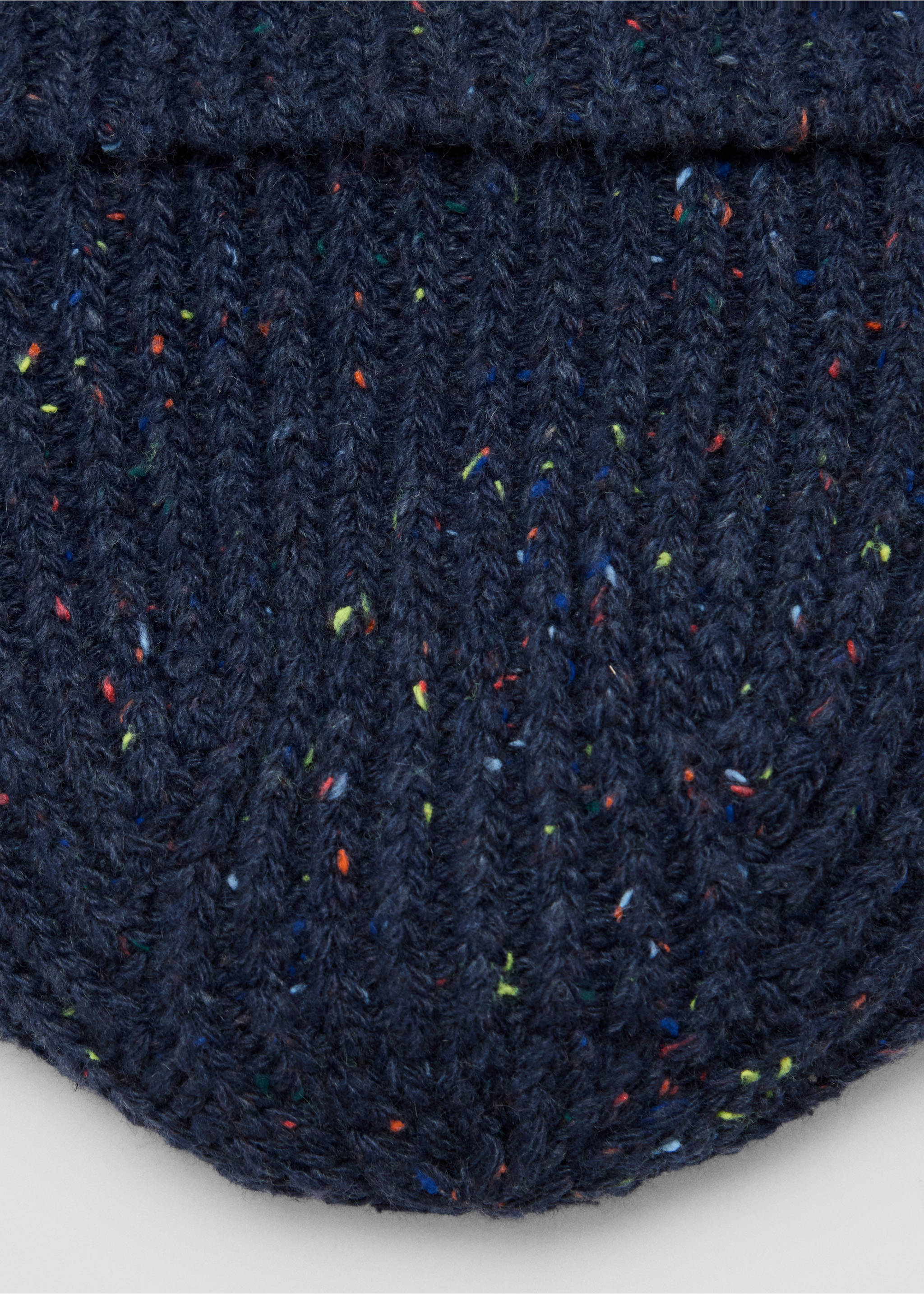 Navy blue ribbed knit beanie with multicoloured flecks, close-up., Navy. Ref: 37038265-00.