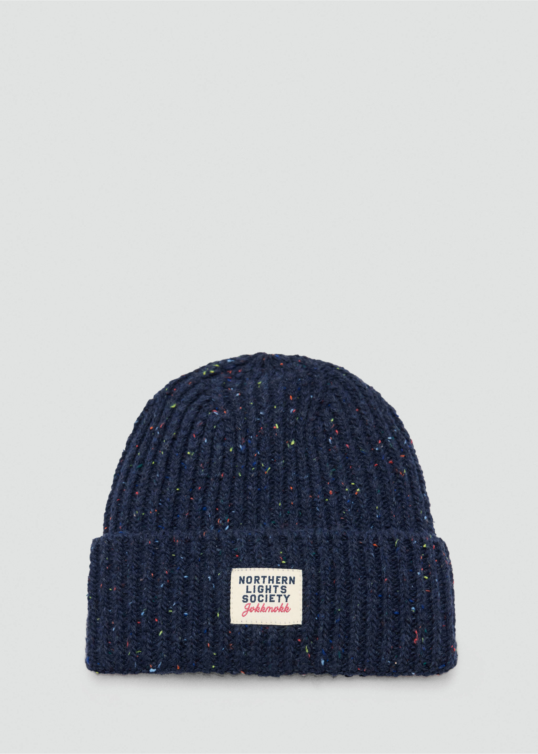 Navy blue speckled ribbed knit beanie with a folded brim and a branded front patch., Navy. Ref: 37038265-00.