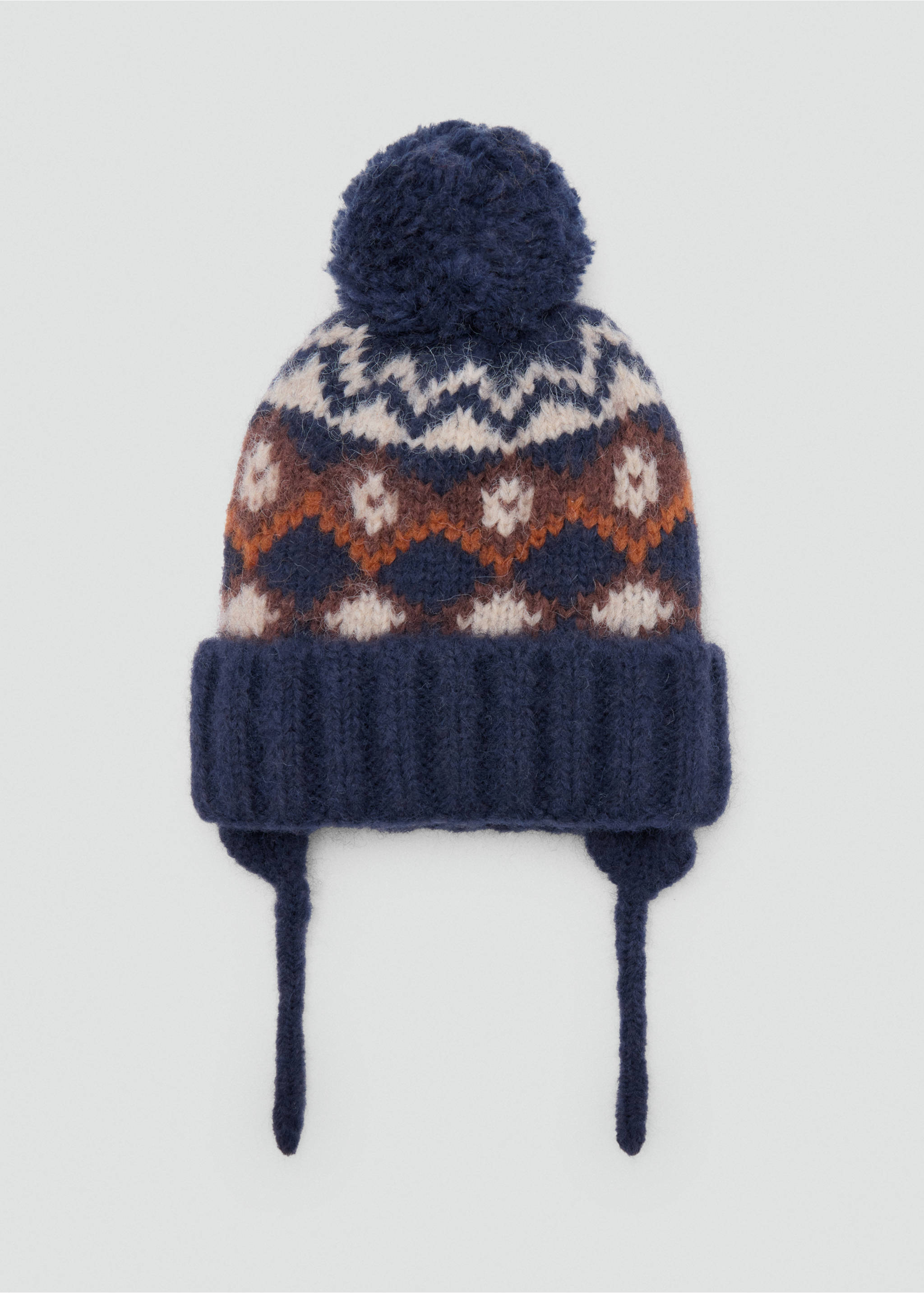 Navy blue knitted beanie with earflaps, a pom-pom, and a Fair Isle pattern., Navy. Ref: 37038266-00.