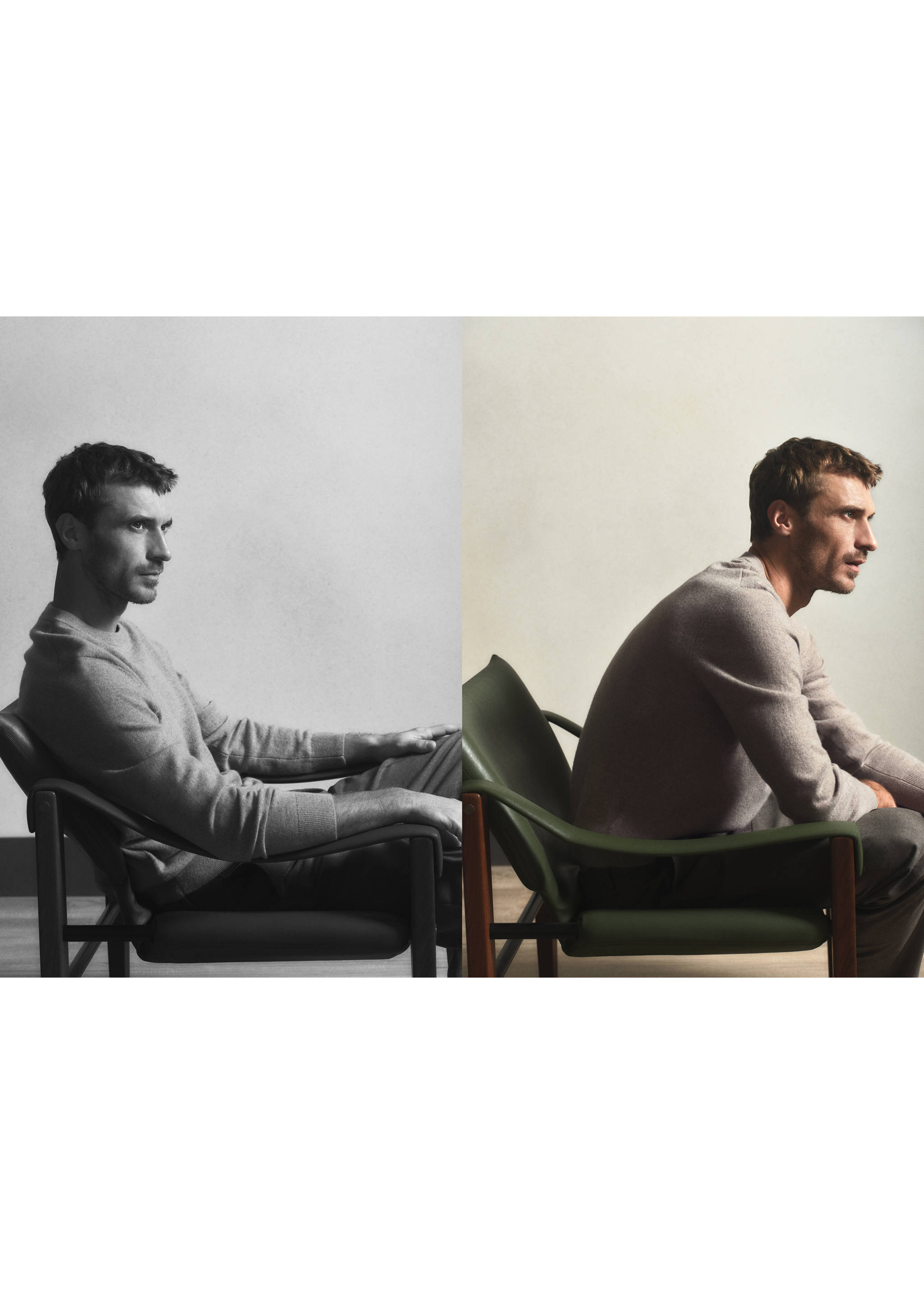 Grey crew-neck jersey worn by a seated model in a two-part view, Medium Brown. Ref: 37038276-00.