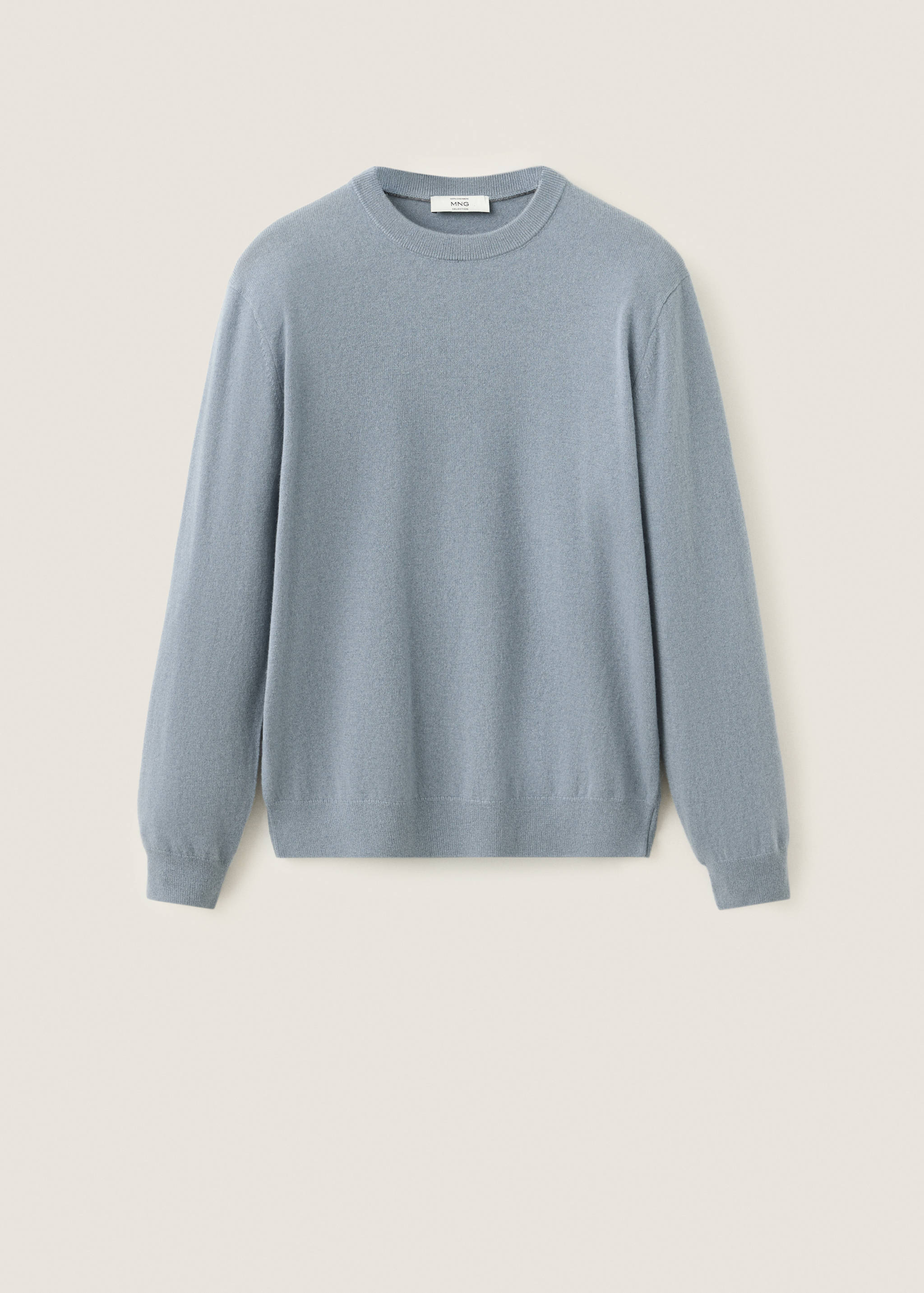 Pale blue men's crew-neck knitted jersey with ribbed trims.