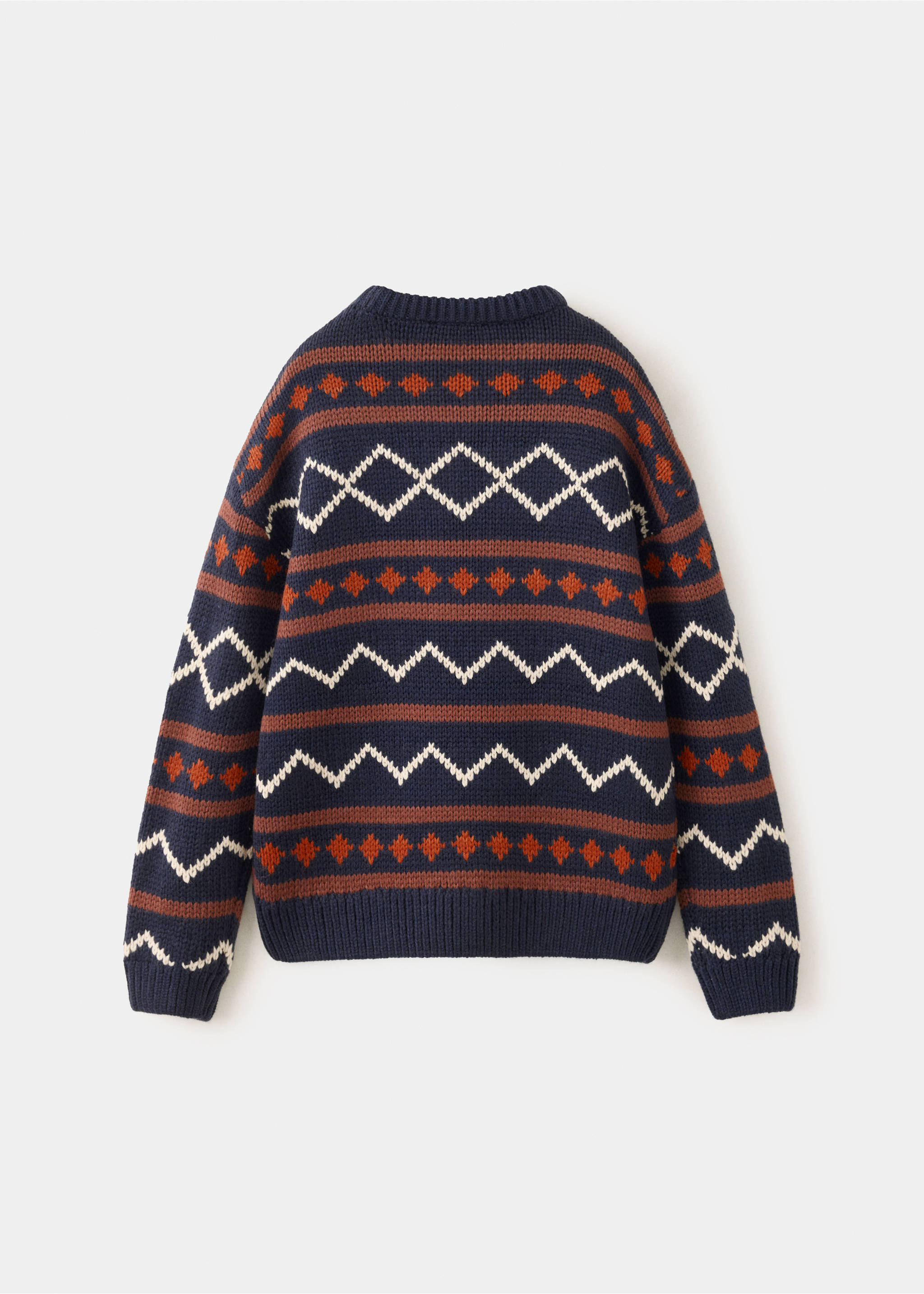 Back view of a dark blue patterned knit sweater with orange and white bands., Navy. Ref: 37038281-00.