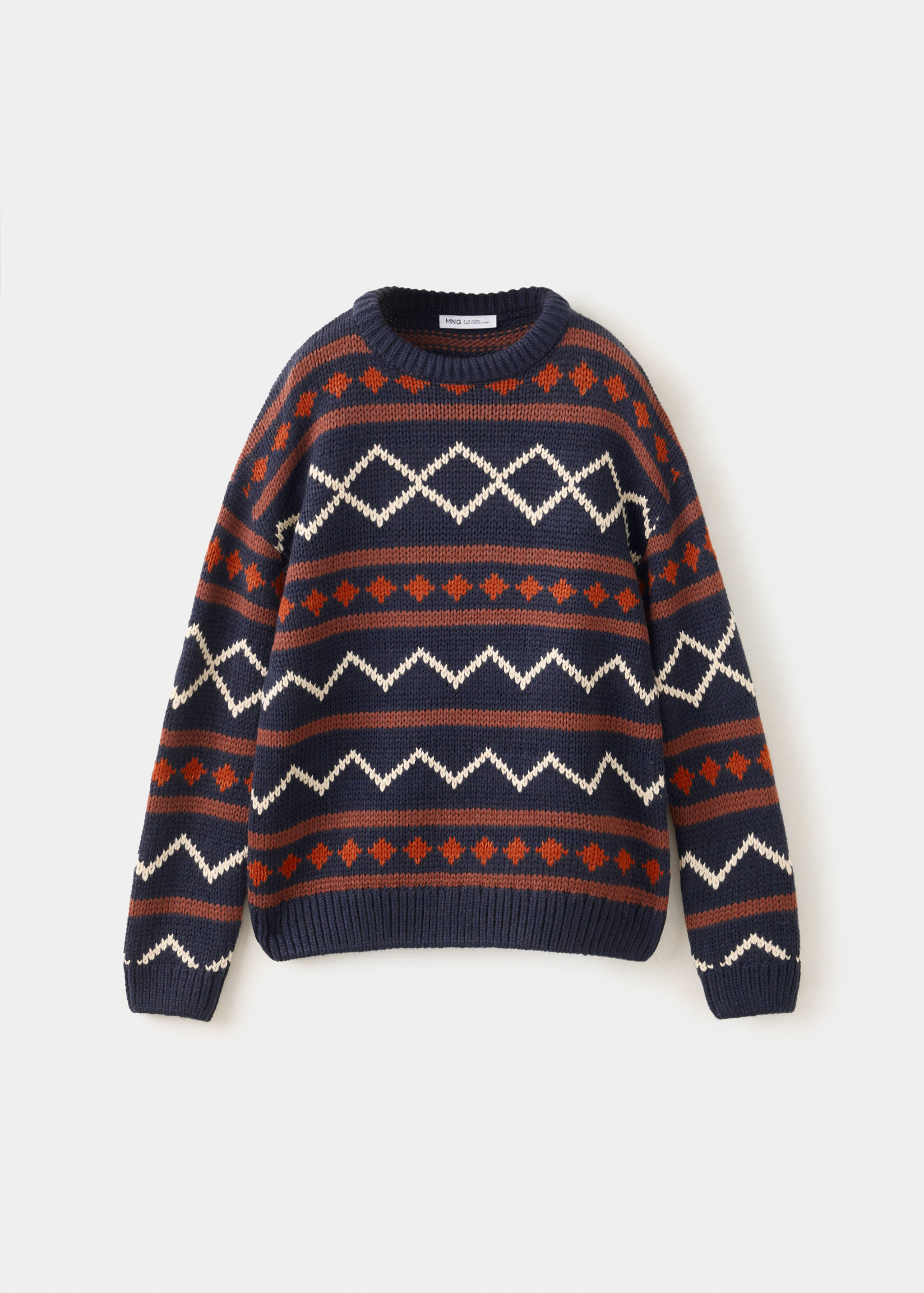 Navy blue knitted jumper with orange diamond and white zigzag patterns.
