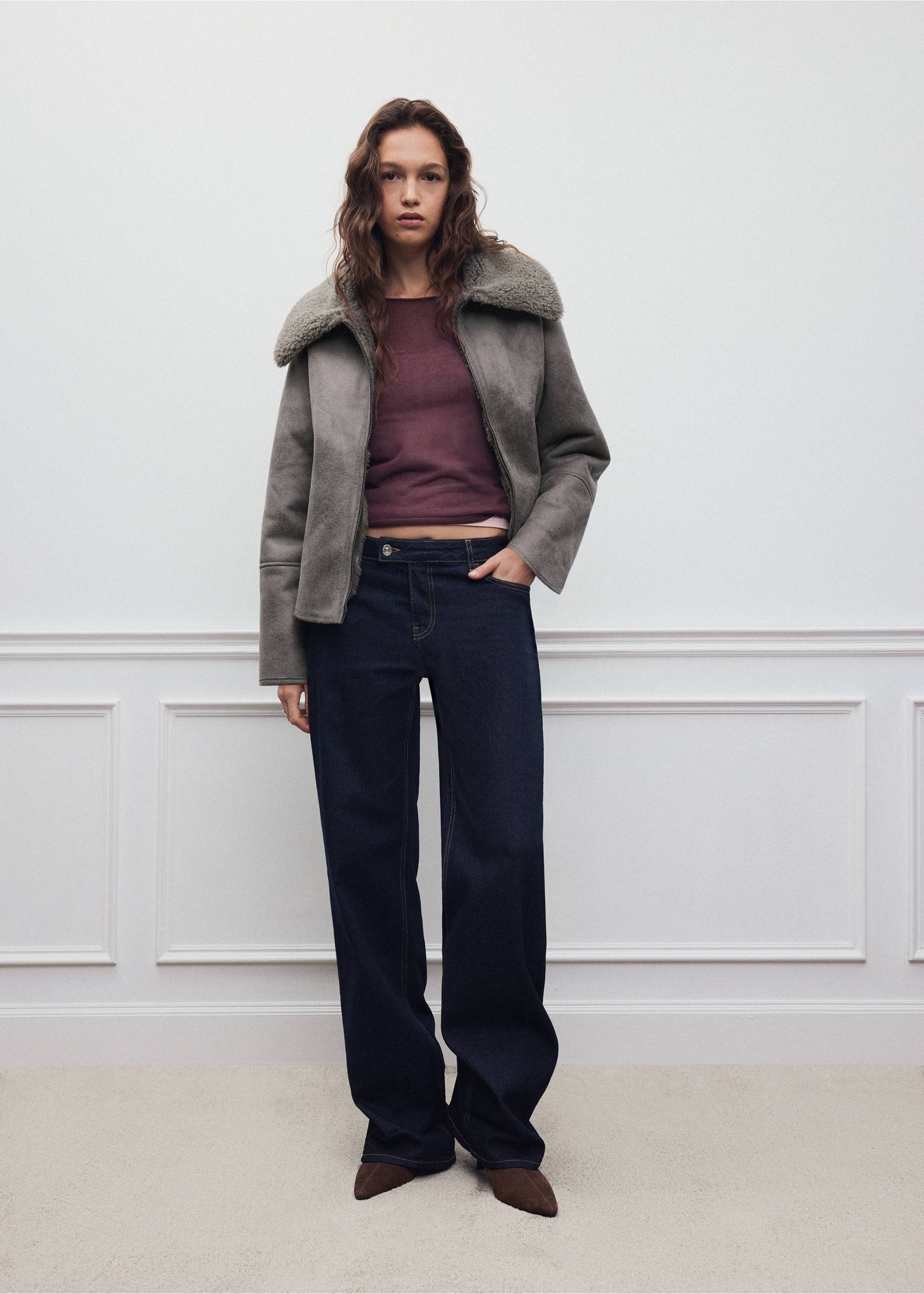 Grey faux-suede coat with faux-shearling collar worn with a dark top and blue trousers., Grey. Ref: 37038282-00.