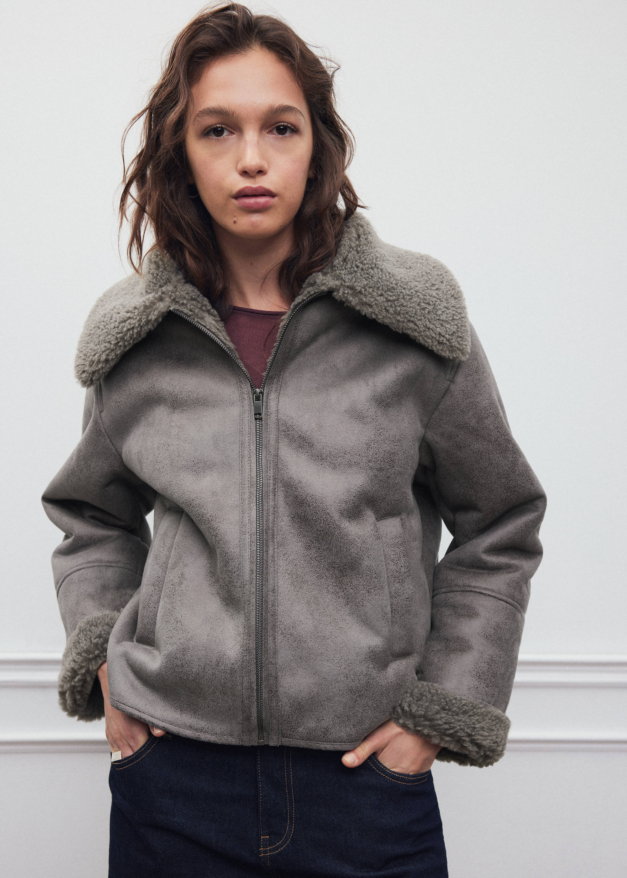 Grey faux-suede coat with shearling-effect collar and cuffs.