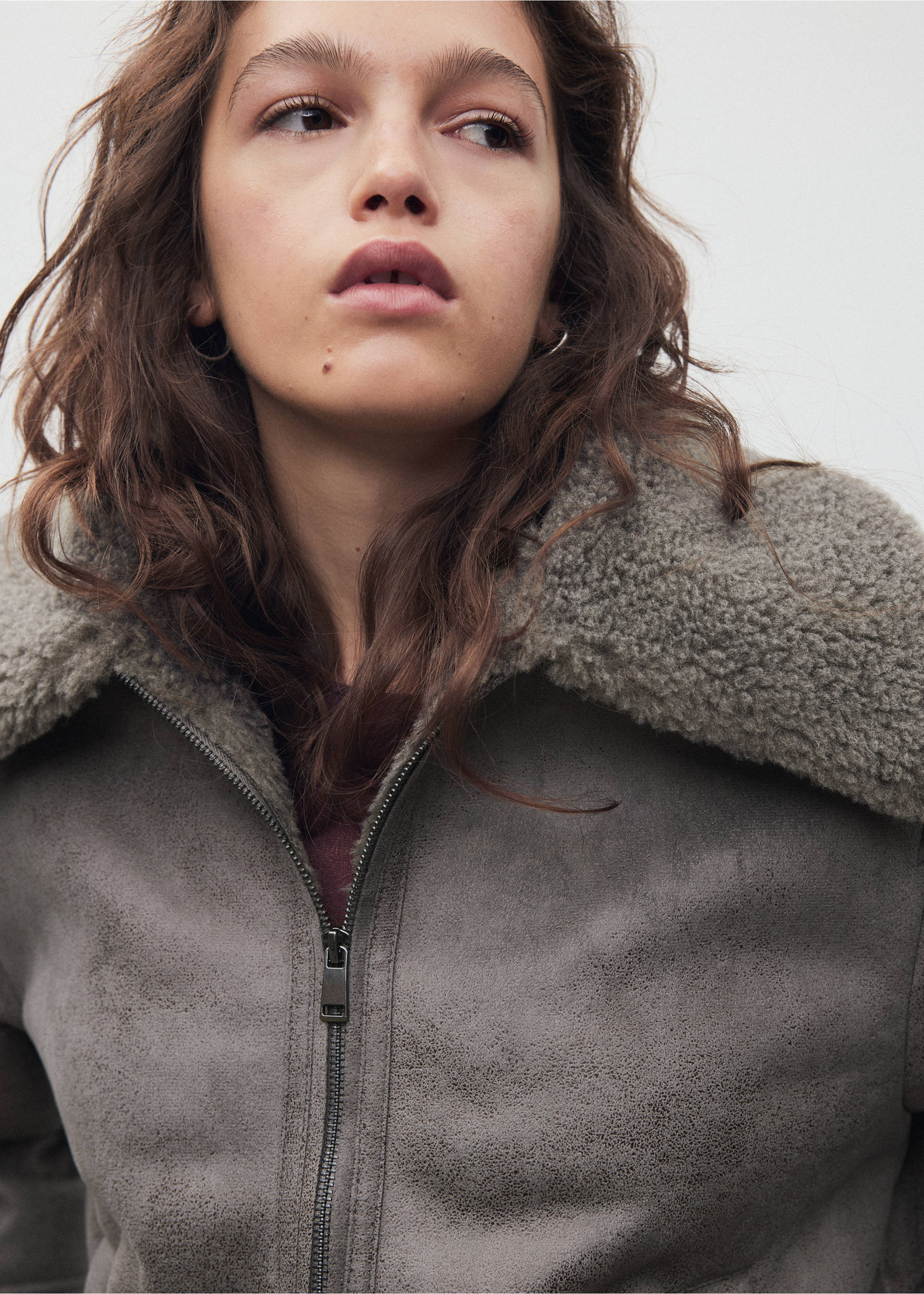 Grey faux-suede coat with a wide faux-shearling collar., Grey. Ref: 37038282-00.
