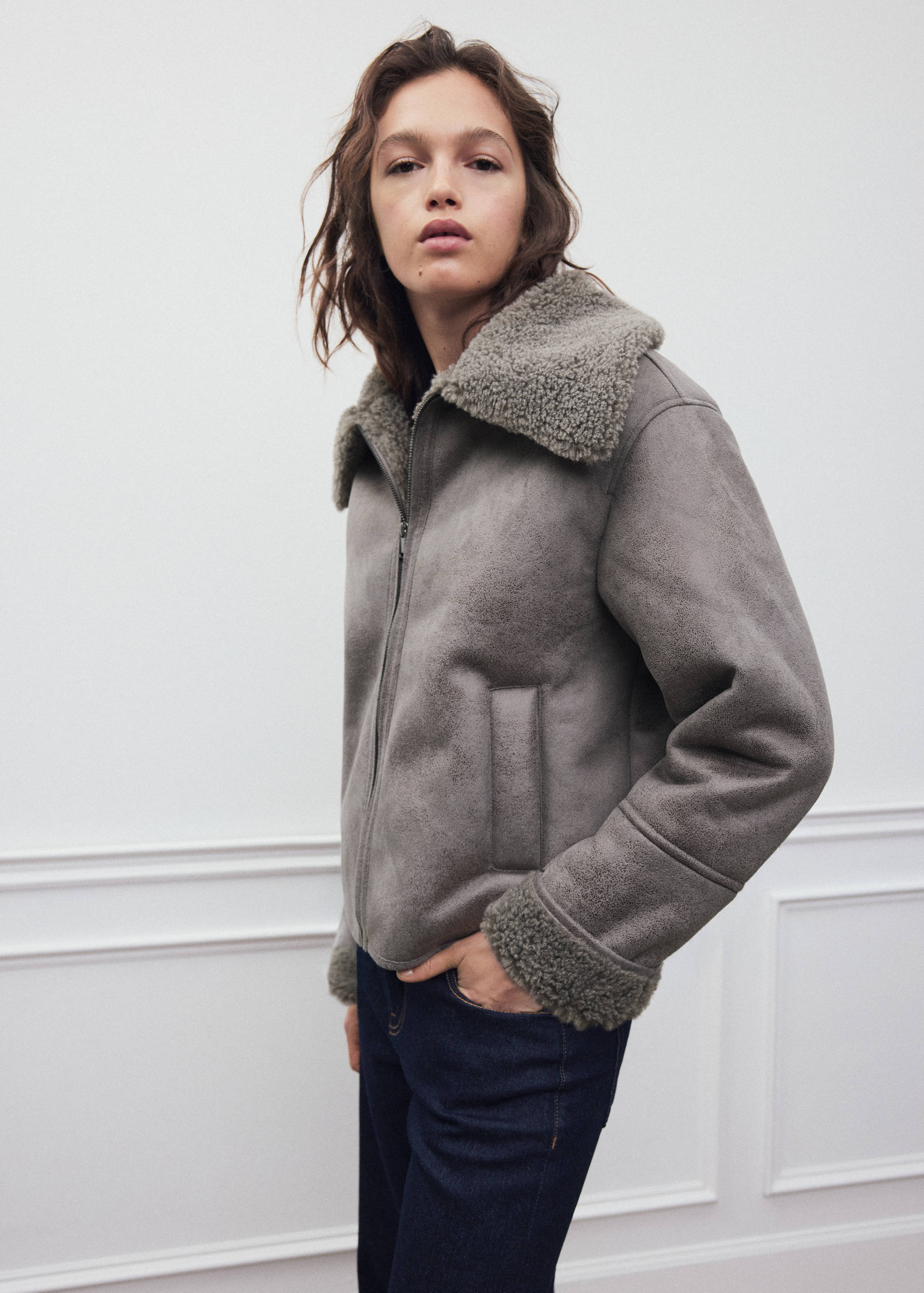 Grey faux-suede coat with faux-shearling lining and collar.