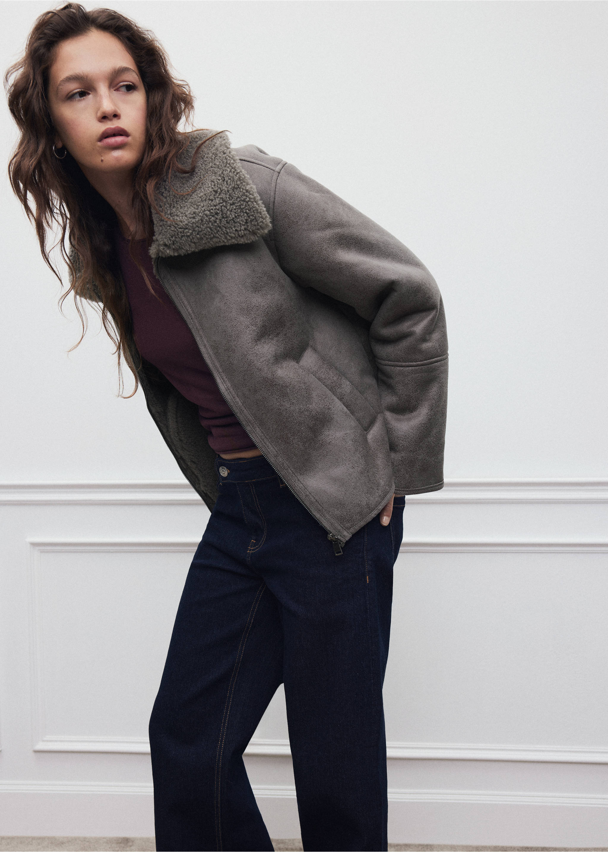 Grey faux-suede coat with faux-shearling collar., Grey. Ref: 37038282-00.